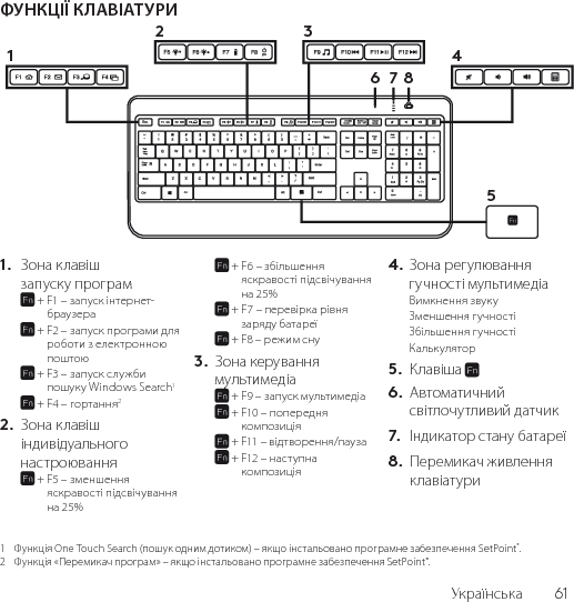 Українська  61ФУНКЦІЇ КЛАВІАТУРИ1.  Зона клавіш запуску програм +  F1 – запуск інтернет-браузера +  F2 – запуск програми для роботи з електронною поштою +  F3 – запуск служби пошуку Windows Search1 + F4 – гортання22.  Зона клавіш індивідуального настроювання +  F5 – зменшення яскравості підсвічування на 25% +  F6 – збільшення яскравості підсвічування на 25% +  F7 – перевірка рівня заряду батареї + F8 – режим сну 3.  Зона керування мультимедіа + F9 – запуск мультимедіа +  F10 – попередня композиція + F11 – відтворення/пауза +  F12 – наступна композиція 4. Зона регулювання  гучності мультимедіаВимкнення звукуЗменшення гучностіЗбільшення гучностіКалькулятор5.  Клавіша 6.  Автоматичний світлочутливий датчик7.  Індикатор стану батареї8.  Перемикач живлення клавіатури1  Функція One Touch Search (пошук одним дотиком) – якщо інстальовано програмне забезпечення SetPoint®.2  Функція «Перемикач програм» – якщо інстальовано програмне забезпечення SetPoint®.61234578
