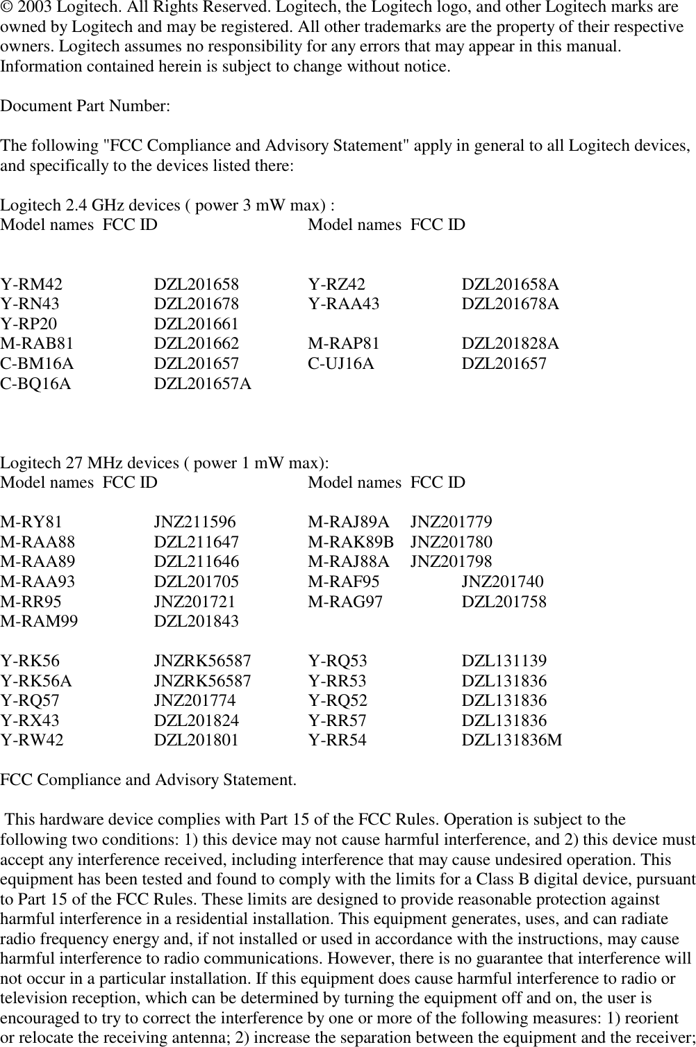 © 2003 Logitech. All Rights Reserved. Logitech, the Logitech logo, and other Logitech marks areowned by Logitech and may be registered. All other trademarks are the property of their respectiveowners. Logitech assumes no responsibility for any errors that may appear in this manual.Information contained herein is subject to change without notice. Document Part Number: The following &quot;FCC Compliance and Advisory Statement&quot; apply in general to all Logitech devices,and specifically to the devices listed there:Logitech 2.4 GHz devices ( power 3 mW max) :Model names FCC ID Model names FCC IDY-RM42 DZL201658 Y-RZ42 DZL201658AY-RN43 DZL201678 Y-RAA43 DZL201678AY-RP20 DZL201661M-RAB81 DZL201662 M-RAP81 DZL201828AC-BM16A DZL201657 C-UJ16A DZL201657C-BQ16A DZL201657ALogitech 27 MHz devices ( power 1 mW max):Model names FCC ID Model names FCC IDM-RY81 JNZ211596 M-RAJ89A JNZ201779M-RAA88 DZL211647 M-RAK89B JNZ201780M-RAA89 DZL211646 M-RAJ88A JNZ201798M-RAA93 DZL201705 M-RAF95 JNZ201740M-RR95 JNZ201721 M-RAG97 DZL201758M-RAM99 DZL201843Y-RK56 JNZRK56587 Y-RQ53 DZL131139Y-RK56A JNZRK56587 Y-RR53 DZL131836Y-RQ57 JNZ201774 Y-RQ52 DZL131836Y-RX43 DZL201824 Y-RR57 DZL131836Y-RW42 DZL201801 Y-RR54 DZL131836MFCC Compliance and Advisory Statement. This hardware device complies with Part 15 of the FCC Rules. Operation is subject to thefollowing two conditions: 1) this device may not cause harmful interference, and 2) this device mustaccept any interference received, including interference that may cause undesired operation. Thisequipment has been tested and found to comply with the limits for a Class B digital device, pursuantto Part 15 of the FCC Rules. These limits are designed to provide reasonable protection againstharmful interference in a residential installation. This equipment generates, uses, and can radiateradio frequency energy and, if not installed or used in accordance with the instructions, may causeharmful interference to radio communications. However, there is no guarantee that interference willnot occur in a particular installation. If this equipment does cause harmful interference to radio ortelevision reception, which can be determined by turning the equipment off and on, the user isencouraged to try to correct the interference by one or more of the following measures: 1) reorientor relocate the receiving antenna; 2) increase the separation between the equipment and the receiver;