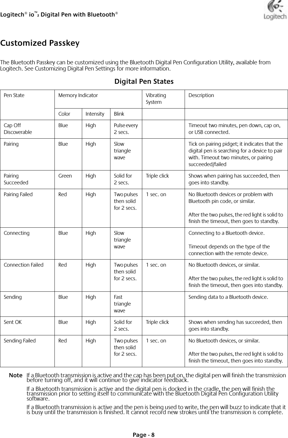Logitech® io™2 Digital Pen with Bluetooth®Page - 8Customized PasskeyThe Bluetooth Passkey can be customized using the Bluetooth Digital Pen Configuration Utility, available from Logitech. See Customizing Digital Pen Settings for more information.Note If a Bluetooth transmission is active and the cap has been put on, the digital pen will finish the transmission before turning off, and it will continue to give indicator feedback.If a Bluetooth transmission is active and the digital pen is docked in the cradle, the pen will finish the transmission prior to setting itself to communicate with the Bluetooth Digital Pen Configuration Utility software.If a Bluetooth transmission is active and the pen is being used to write, the pen will buzz to indicate that it is busy until the transmission is finished. It cannot record new strokes until the transmission is complete. Digital Pen StatesPen State Memory Indicator Vibrating SystemDescriptionColor Intensity BlinkCap Off DiscoverableBlue High Pulse every 2 secs.Timeout two minutes, pen down, cap on, or USB connected.Pairing Blue High Slow triangle waveTick on pairing pidget; it indicates that the digital pen is searching for a device to pair with. Timeout two minutes, or pairing succeeded/failedPairing SucceededGreen High Solid for 2 secs.Triple click Shows when pairing has succeeded, then goes into standby.Pairing Failed Red High Two pulses then solid for 2 secs.1 sec. on No Bluetooth devices or problem with Bluetooth pin code, or similar.After the two pulses, the red light is solid to finish the timeout, then goes to standby.Connecting Blue High Slow triangle waveConnecting to a Bluetooth device.Timeout depends on the type of the connection with the remote device.Connection Failed Red High Two pulses then solid for 2 secs.1 sec. on No Bluetooth devices, or similar.After the two pulses, the red light is solid to finish the timeout, then goes into standby.Sending Blue High Fast triangle waveSending data to a Bluetooth device.Sent OK Blue High Solid for 2 secs.Triple click Shows when sending has succeeded, then goes into standby.Sending Failed Red High Two pulses then solid for 2 secs.1 sec. on No Bluetooth devices, or similar.After the two pulses, the red light is solid to finish the timeout, then goes into standby.