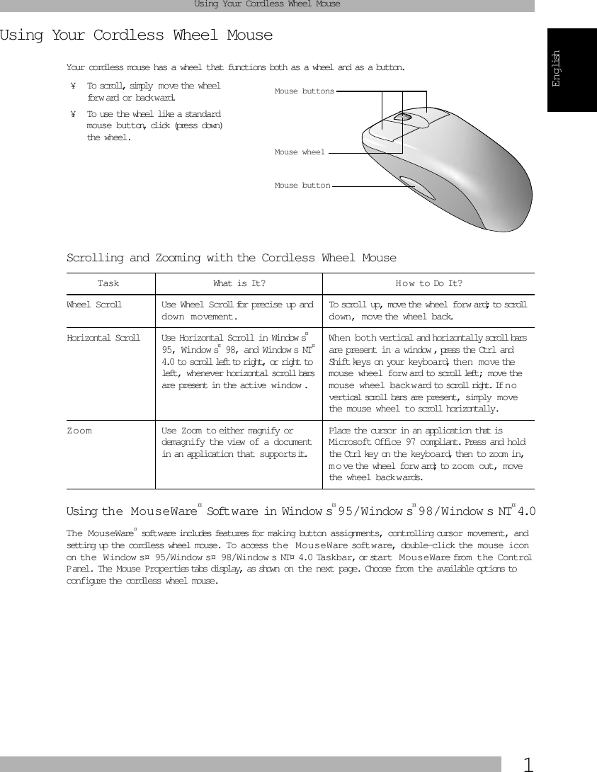  1 English Using Your Cordless Wheel Mouse Using Your Cordless Wheel Mouse Your cordless mouse has a wheel that functions both as a wheel and as a button.  Scrolling and Zooming with the Cordless Wheel MouseUsing th e   MouseWare ¤  Software in Window s ¤  95/Window s ¤  98/Window s NT ¤  4.0 The MouseWare ¤  software includes features for making button assignments, controlling cursor movement, and setting up the cordless wheel mouse.  To access th e   MouseWare software, double-click the mouse icon on the  Window s¤ 95/Window s¤ 98/Window s NT¤ 4.0 Taskbar, or start MouseWare from the Control P anel.  The Mouse Properties tabs display, as shown on the next page. Choose from the available options to configure the cordless wheel mouse.  Task What is It? H o w to Do It? Wheel Scroll Use Wheel Scroll for precise up and down movement.To scroll up, move the wheel forw ard; to scroll down, move the wheel back. Horizontal Scroll Use Horizontal Scroll in Window s ¤  95, Window s ¤  98, and Window s NT ¤  4.0 to scroll left to right, or right to left, whenever horizontal scroll bars are present in the active window . When both vertical and horizontally scroll bars are present in a window , press the Ctrl and Shift keys on your keyboard, then move the mouse wheel forw ard to scroll left; move the mouse wheel backward to scroll right. If  no  vertical scroll bars are present, simply move the mouse wheel to scroll horizontally.Zoom Use Zoom to either magnify or demagnify the view of a document in an application that supports it.Place the cursor in an application that is Microsoft Office 97 compliant. Press and hold the Ctrl key on the keyboard, then to zoom in, move the wheel forw ard; to zoom  out, move the wheel backw ards.¥ To scroll, simply move the wheel forw ard or back ward. ¥ To use the wheel like a standard mouse button, click (press down) the wheel.Mouse wheel Mouse buttonMouse buttons