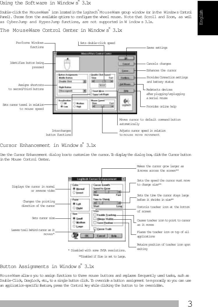  3 English Using the Soft w are in Window s ¤  3.1x  Double-click the MouseWare ¤  icon located in the Logitech ¤  MouseWare group window (or in th e  Window s Control Panel). Choose from the available options to configure the wheel mouse.  N ote that Scroll and Zoom, as well as CyberJump and HyperJump functions, are not supported in W indow s 3.1x. The MouseWare Control Center in Window s ¤  3.1xCursor Enhancement in Window s ¤  3.1x Use the Cursor Enhancement dialog box to customize the cursor. To display the dialog box, click the Cursor button in the Mouse Control Center. Button Assignments in Window s ¤  3.1x MouseWare allows you to assign functions to three mouse buttons and replaces fre q uently used tasks, such as Double-Click, DragLock, etc., to a single button click. To o verride a button  assignment te m porarily so you can use an application-specific feature, press the Control ke y while clicking the button to be overridden. Performs WindowsfunctionsIdentifies button beingpressedAssigns shortcutsto second/third buttonsSets cursor travel in relationto mouse speedSets double-click speedSaves settingsCancels changesRedetects devices after plugging/unplugging a serial mouseInterchangesbutton functionsAdjusts cursor speed in relation to mouse move movementMoves cursor to default command button automaticallyProvides online helpEnhances the cursorProvides Connection settings and battery statusDisplays the cursor in normalor reverse videoChanges the pointingdirection of the cursorSets cursor sizeLeaves trail behind cursor as itmoves*Makes the cursor grow larger as it moves across the screen**Sets the speed the cursor must move to change size**Sets the time the cursor stays large before it shrinks in size**Controls tracker icon at the bottom of screenCauses tracker icon to point to cursor as it movesPlaces the tracker icon on top of all applicationsRetains position of tracker icon upon exiting* Disabled with some SVGA resolutions.**Disabled if Size is set to Large.