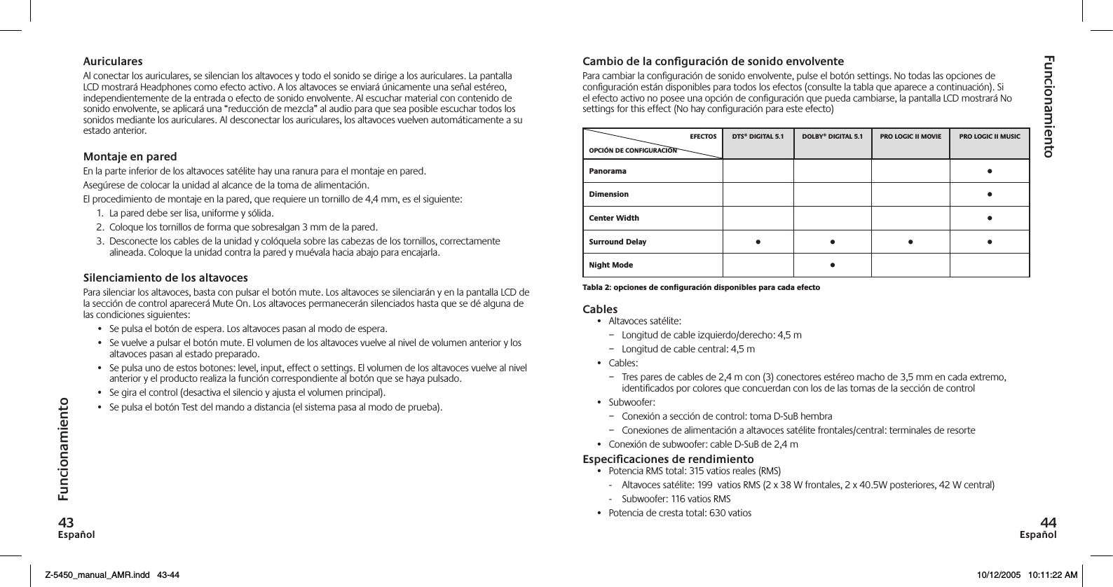 EspañolEspañolFuncionamientoFuncionamientoCambio de la conguración de sonido envolventePara cambiar la conﬁguración de sonido envolvente, pulse el botón settings. No todas las opciones de conﬁguración están disponibles para todos los efectos (consulte la tabla que aparece a continuación). Si el efecto activo no posee una opción de conﬁguración que pueda cambiarse, la pantalla LCD mostrará No settings for this effect (No hay conﬁguración para este efecto)Cables•  Altavoces satélite:–  Longitud de cable izquierdo/derecho: 4,5 m–  Longitud de cable central: 4,5 m•  Cables:–  Tres pares de cables de 2,4 m con (3) conectores estéreo macho de 3,5 mm en cada extremo, identiﬁcados por colores que concuerdan con los de las tomas de la sección de control•  Subwoofer:–  Conexión a sección de control: toma D-SuB hembra–  Conexiones de alimentación a altavoces satélite frontales/central: terminales de resorte•  Conexión de subwoofer: cable D-SuB de 2,4 mEspecicaciones de rendimiento•  Potencia RMS total: 315 vatios reales (RMS)-  Altavoces satélite: 199  vatios RMS (2 x 38 W frontales, 2 x 40.5W posteriores, 42 W central)-  Subwoofer: 116 vatios RMS•  Potencia de cresta total: 630 vatiosAuricularesAl conectar los auriculares, se silencian los altavoces y todo el sonido se dirige a los auriculares. La pantalla LCD mostrará Headphones como efecto activo. A los altavoces se enviará únicamente una señal estéreo, independientemente de la entrada o efecto de sonido envolvente. Al escuchar material con contenido de sonido envolvente, se aplicará una “reducción de mezcla” al audio para que sea posible escuchar todos los sonidos mediante los auriculares. Al desconectar los auriculares, los altavoces vuelven automáticamente a su estado anterior.Montaje en paredEn la parte inferior de los altavoces satélite hay una ranura para el montaje en pared.Asegúrese de colocar la unidad al alcance de la toma de alimentación.El procedimiento de montaje en la pared, que requiere un tornillo de 4,4 mm, es el siguiente:1.  La pared debe ser lisa, uniforme y sólida.2.  Coloque los tornillos de forma que sobresalgan 3 mm de la pared.3.  Desconecte los cables de la unidad y colóquela sobre las cabezas de los tornillos, correctamente alineada. Coloque la unidad contra la pared y muévala hacia abajo para encajarla.Silenciamiento de los altavocesPara silenciar los altavoces, basta con pulsar el botón mute. Los altavoces se silenciarán y en la pantalla LCD de la sección de control aparecerá Mute On. Los altavoces permanecerán silenciados hasta que se dé alguna de las condiciones siguientes:•  Se pulsa el botón de espera. Los altavoces pasan al modo de espera.•  Se vuelve a pulsar el botón mute. El volumen de los altavoces vuelve al nivel de volumen anterior y los altavoces pasan al estado preparado. •  Se pulsa uno de estos botones: level, input, effect o settings. El volumen de los altavoces vuelve al nivel anterior y el producto realiza la función correspondiente al botón que se haya pulsado. •  Se gira el control (desactiva el silencio y ajusta el volumen principal).•  Se pulsa el botón Test del mando a distancia (el sistema pasa al modo de prueba).    • • • • • • • •Z-5450_manual_AMR.indd   43-44 10/12/2005   10:11:22 AM