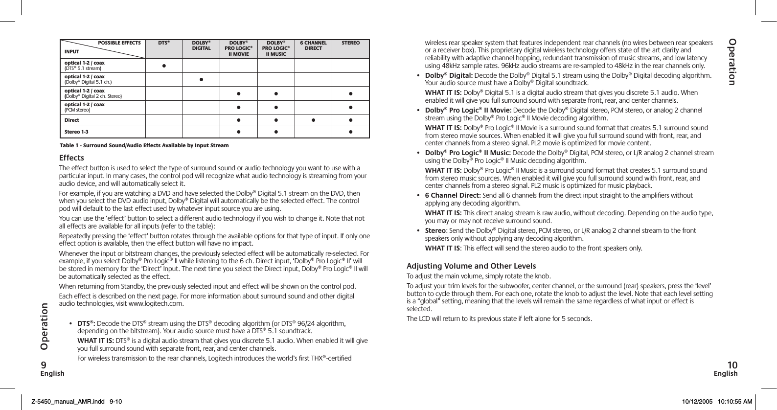 English9English0EffectsThe effect button is used to select the type of surround sound or audio technology you want to use with a particular input. In many cases, the control pod will recognize what audio technology is streaming from your audio device, and will automatically select it.For example, if you are watching a DVD and have selected the Dolby® Digital 5.1 stream on the DVD, then when you select the DVD audio input, Dolby® Digital will automatically be the selected effect. The control pod will default to the last effect used by whatever input source you are using.You can use the ‘effect’ button to select a different audio technology if you wish to change it. Note that not all effects are available for all inputs (refer to the table):Repeatedly pressing the ‘effect’ button rotates through the available options for that type of input. If only one effect option is available, then the effect button will have no impact. Whenever the input or bitstream changes, the previously selected effect will be automatically re-selected. For example, if you select Dolby® Pro Logic® II while listening to the 6 ch. Direct input, ‘Dolby® Pro Logic® II’ will be stored in memory for the ‘Direct’ Input. The next time you select the Direct input, Dolby® Pro Logic® II will be automatically selected as the effect.When returning from Standby, the previously selected input and effect will be shown on the control pod.Each effect is described on the next page. For more information about surround sound and other digital audio technologies, visit www.logitech.com.•  DTS®: Decode the DTS® stream using the DTS® decoding algorithm (or DTS® 96/24 algorithm, depending on the bitstream). Your audio source must have a DTS® 5.1 soundtrack.  WHAT IT IS: DTS® is a digital audio stream that gives you discrete 5.1 audio. When enabled it will give you full surround sound with separate front, rear, and center channels.  For wireless transmission to the rear channels, Logitech introduces the world’s ﬁrst THX®-certiﬁed wireless rear speaker system that features independent rear channels (no wires between rear speakers or a receiver box). This proprietary digital wireless technology offers state of the art clarity and reliability with adaptive channel hopping, redundant transmission of music streams, and low latency using 48kHz sample rates. 96kHz audio streams are re-sampled to 48kHz in the rear channels only.•  Dolby® Digital: Decode the Dolby® Digital 5.1 stream using the Dolby® Digital decoding algorithm. Your audio source must have a Dolby® Digital soundtrack.  WHAT IT IS: Dolby® Digital 5.1 is a digital audio stream that gives you discrete 5.1 audio. When enabled it will give you full surround sound with separate front, rear, and center channels.•  Dolby® Pro Logic® II Movie: Decode the Dolby® Digital stereo, PCM stereo, or analog 2 channel stream using the Dolby® Pro Logic® II Movie decoding algorithm.  WHAT IT IS: Dolby® Pro Logic® II Movie is a surround sound format that creates 5.1 surround sound from stereo movie sources. When enabled it will give you full surround sound with front, rear, and center channels from a stereo signal. PL2 movie is optimized for movie content.•  Dolby® Pro Logic® II Music: Decode the Dolby® Digital, PCM stereo, or L/R analog 2 channel stream using the Dolby® Pro Logic® II Music decoding algorithm.  WHAT IT IS: Dolby® Pro Logic® II Music is a surround sound format that creates 5.1 surround sound from stereo music sources. When enabled it will give you full surround sound with front, rear, and center channels from a stereo signal. PL2 music is optimized for music playback.•   Channel Direct: Send all 6 channels from the direct input straight to the ampliﬁers without applying any decoding algorithm.  WHAT IT IS: This direct analog stream is raw audio, without decoding. Depending on the audio type, you may or may not receive surround sound.•  Stereo: Send the Dolby® Digital stereo, PCM stereo, or L/R analog 2 channel stream to the front speakers only without applying any decoding algorithm.  WHAT IT IS: This effect will send the stereo audio to the front speakers only.Adjusting Volume and Other LevelsTo adjust the main volume, simply rotate the knob. To adjust your trim levels for the subwoofer, center channel, or the surround (rear) speakers, press the ‘level’ button to cycle through them. For each one, rotate the knob to adjust the level. Note that each level setting is a “global” setting, meaning that the levels will remain the same regardless of what input or effect is selected.The LCD will return to its previous state if left alone for 5 seconds.   (DTS® 5.1 stream) •(Dolby® Digital 5.1 ch.) •Dolby® Digital 2 ch. Stereo) • • •(PCM stereo) • • • • • • • • • •OperationOperationZ-5450_manual_AMR.indd   9-10 10/12/2005   10:10:55 AM