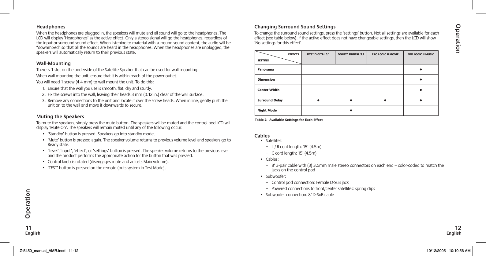 EnglishEnglishHeadphonesWhen the headphones are plugged in, the speakers will mute and all sound will go to the headphones. The LCD will display ‘Headphones’ as the active effect. Only a stereo signal will go the headphones, regardless of the input or surround sound effect. When listening to material with surround sound content, the audio will be “downmixed” so that all the sounds are heard in the headphones. When the headphones are unplugged, the speakers will automatically return to their previous state.Wall-MountingThere is 1 slot on the underside of the Satellite Speaker that can be used for wall mounting.When wall mounting the unit, ensure that it is within reach of the power outlet.You will need 1 screw (4.4 mm) to wall mount the unit. To do this:1.  Ensure that the wall you use is smooth, at, dry and sturdy.2.  Fix the screws into the wall, leaving their heads 3 mm (0.12 in.) clear of the wall surface.3.  Remove any connections to the unit and locate it over the screw heads. When in line, gently push the unit on to the wall and move it downwards to secure. Muting the SpeakersTo mute the speakers, simply press the mute button. The speakers will be muted and the control pod LCD will display ‘Mute On’. The speakers will remain muted until any of the following occur:•  ‘Standby’ button is pressed. Speakers go into standby mode.•  ‘Mute’ button is pressed again. The speaker volume returns to previous volume level and speakers go to Ready state.•  ‘Level’, ‘input’, ‘effect’, or ‘settings’ button is pressed. The speaker volume returns to the previous level and the product performs the appropriate action for the button that was pressed. •  Control knob is rotated (disengages mute and adjusts Main volume).•  ‘TEST’ button is pressed on the remote (puts system in Test Mode).Changing Surround Sound SettingsTo change the surround sound settings, press the ‘settings’ button. Not all settings are available for each effect (see table below). If the active effect does not have changeable settings, then the LCD will show ‘No settings for this effect’.Cables•  Satellites:–  L / R cord length: 15’ (4.5m)–  C cord length: 15’ (4.5m)•  Cables:–  8’ 3-pair cable with (3) 3.5mm male stereo connectors on each end – color-coded to match the jacks on the control pod•  Subwoofer:–  Control pod connection: Female D-SuB jack–  Powered connections to front/center satellites: spring clips•  Subwoofer connection: 8’ D-SuB cable    • • • • • • • •OperationOperationZ-5450_manual_AMR.indd   11-12 10/12/2005   10:10:56 AM