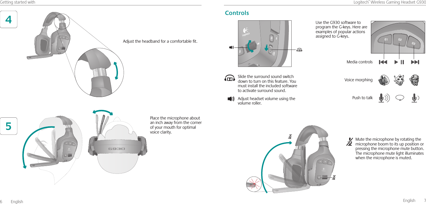 6  EnglishGettingstartedwith   English  7Logitech®WirelessGamingHeadsetG93045Adjusttheheadbandforacomfortablet Placethemicrophoneaboutaninchawayfromthecornerofyourmouthforoptimalvoiceclarity Slidethesurroundsoundswitchdowntoturnonthisfeature Youmustinstalltheincludedsoftwaretoactivatesurroundsound Adjustheadsetvolumeusingthevolumeroller Mutethemicrophonebyrotatingthemicrophoneboomtoitsuppositionorpressingthemicrophonemutebutton Themicrophonemutelightilluminateswhenthemicrophoneismuted UsetheG930softwaretoprogramtheG-keys HereareexamplesofpopularactionsassignedtoG-keys MediacontrolsPushtotalkControlsVoicemorphing