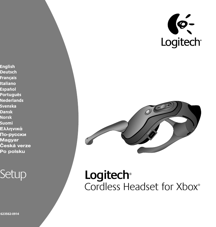 Setup Logitech®Cordless Headset for Xbox®EnglishDeutschFrançaisItalianoEspañolPortuguêsNederlandsSvenskaDanskNorskSuomiΕλληνικάПо-русскиMagyarČeská verzePo polsku623562-0914
