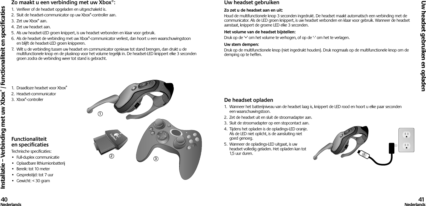 Zo maakt u een verbinding met uw Xbox®:1.  Verifieer of de headset opgeladen en uitgeschakeld is. 2.  Sluit de headset-communicator op uw Xbox®-controller aan.3.  Zet uw Xbox® aan.4.  Zet uw headset aan.5.  Als uw headset-LED groen knippert, is uw headset verbonden en klaar voor gebruik.6.  Als de headset de verbinding met uw Xbox®-communicator verliest, dan hoort u een waarschuwingstoon en blijft de headset-LED groen knipperen.7.  Wilt u de verbinding tussen uw headset en communicator opnieuw tot stand brengen, dan drukt u de multifunctionele knop en de plusknop voor het volume tegelijk in. De headset-LED knippert elke 3 seconden groen zodra de verbinding weer tot stand is gebracht.1.  Draadloze headset voor Xbox®2.  Headset-communicator3.  Xbox®-controller Functionaliteit en specificatiesTechnische specificaties:•  Full-duplex communicatie•  Oplaadbare lithiumionbatterij•  Bereik: tot 10 meter•  Gesprekstijd: tot 7 uur•  Gewicht: &lt; 30 gramUw headset gebruikenZo zet u de headset aan en uit: Houd de multifunctionele knop 3 seconden ingedrukt. De headset maakt automatisch een verbinding met de communicator. Als de LED groen knippert, is uw headset verbonden en klaar voor gebruik. Wanneer de headset aanstaat, knippert de groene LED elke 3 seconden. Het volume van de headset bijstellen: Druk op de ‘+’ om het volume te verhogen, of op de ‘-’ om het te verlagen. Uw stem dempen: Druk op de multifunctionele knop (niet ingedrukt houden). Druk nogmaals op de multifunctionele knop om de demping op te heffen.De headset opladen1.  Wanneer het batterijniveau van de headset laag is, knippert de LED rood en hoort u elke paar seconden een waarschuwingstoon.2.  Zet de headset uit en sluit de stroomadapter aan.3.  Sluit de stroomadapter op een stopcontact aan.4.  Tijdens het opladen is de opladings-LED oranje. Als de LED niet oplicht, is de aansluiting niet goed genoeg. 5.  Wanneer de opladings-LED uitgaat, is uw headset volledig geladen. Het opladen kan tot 1,5 uur duren.Installatie – Verbinding met uw Xbox® / Functionaliteit en specificatiesUw headset gebruiken en opladen40Nederlands 41Nederlands123