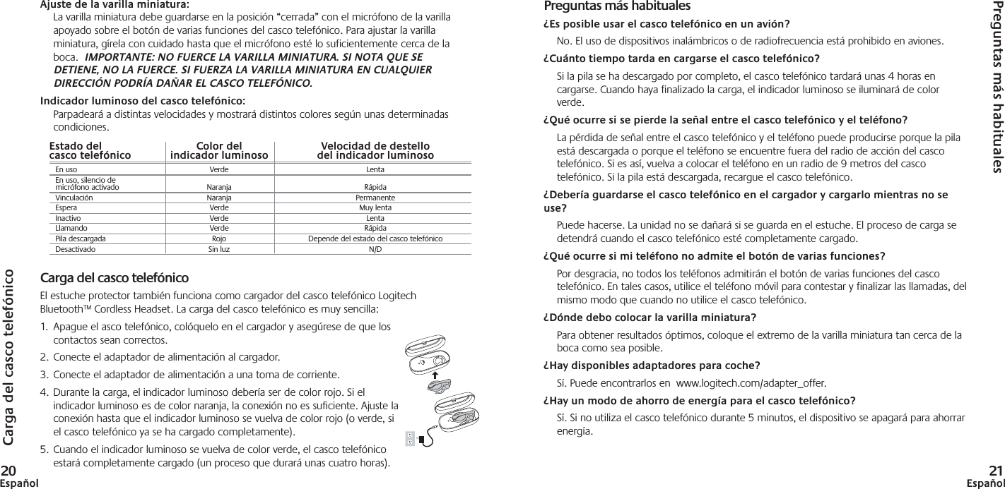 Carga del casco telefónico20EspañolCarga del casco telefónicoEl estuche protector también funciona como cargador del casco telefónico LogitechBluetooth™ Cordless Headset. La carga del casco telefónico es muy sencilla:1. Apague el asco telefónico, colóquelo en el cargador y asegúrese de que loscontactos sean correctos. 2. Conecte el adaptador de alimentación al cargador. 3. Conecte el adaptador de alimentación a una toma de corriente.4. Durante la carga, el indicador luminoso debería ser de color rojo. Si elindicador luminoso es de color naranja, la conexión no es suficiente. Ajuste laconexión hasta que el indicador luminoso se vuelva de color rojo (o verde, siel casco telefónico ya se ha cargado completamente).5. Cuando el indicador luminoso se vuelva de color verde, el casco telefónicoestará completamente cargado (un proceso que durará unas cuatro horas).Ajuste de la varilla miniatura:La varilla miniatura debe guardarse en la posición “cerrada” con el micrófono de la varillaapoyado sobre el botón de varias funciones del casco telefónico. Para ajustar la varillaminiatura, gírela con cuidado hasta que el micrófono esté lo suficientemente cerca de laboca.  IMPORTANTE: NO FUERCE LA VARILLA MINIATURA. SI NOTA QUE SEDETIENE, NO LA FUERCE. SI FUERZA LA VARILLA MINIATURA EN CUALQUIERDIRECCIÓN PODRÍA DAÑAR EL CASCO TELEFÓNICO.Indicador luminoso del casco telefónico:Parpadeará a distintas velocidades y mostrará distintos colores según unas determinadascondiciones.Preguntas más habituales21EspañolPreguntas más habituales¿Es posible usar el casco telefónico en un avión?No. El uso de dispositivos inalámbricos o de radiofrecuencia está prohibido en aviones.¿Cuánto tiempo tarda en cargarse el casco telefónico?Si la pila se ha descargado por completo, el casco telefónico tardará unas 4 horas encargarse. Cuando haya finalizado la carga, el indicador luminoso se iluminará de colorverde.  ¿Qué ocurre si se pierde la señal entre el casco telefónico y el teléfono?La pérdida de señal entre el casco telefónico y el teléfono puede producirse porque la pilaestá descargada o porque el teléfono se encuentre fuera del radio de acción del cascotelefónico. Si es así, vuelva a colocar el teléfono en un radio de 9 metros del cascotelefónico. Si la pila está descargada, recargue el casco telefónico.¿Debería guardarse el casco telefónico en el cargador y cargarlo mientras no seuse?Puede hacerse. La unidad no se dañará si se guarda en el estuche. El proceso de carga sedetendrá cuando el casco telefónico esté completamente cargado.¿Qué ocurre si mi teléfono no admite el botón de varias funciones?Por desgracia, no todos los teléfonos admitirán el botón de varias funciones del cascotelefónico. En tales casos, utilice el teléfono móvil para contestar y finalizar las llamadas, delmismo modo que cuando no utilice el casco telefónico.¿Dónde debo colocar la varilla miniatura? Para obtener resultados óptimos, coloque el extremo de la varilla miniatura tan cerca de laboca como sea posible. ¿Hay disponibles adaptadores para coche? Sí. Puede encontrarlos en  www.logitech.com/adapter_offer. ¿Hay un modo de ahorro de energía para el casco telefónico?Sí. Si no utiliza el casco telefónico durante 5 minutos, el dispositivo se apagará para ahorrarenergía.Estado del Color del Velocidad de destello casco telefónico indicador luminoso del indicador luminosoEn uso Verde LentaEn uso, silencio de micrófono activado  Naranja RápidaVinculación Naranja PermanenteEspera Verde Muy lentaInactivo Verde LentaLlamando Verde RápidaPila descargada Rojo Depende del estado del casco telefónicoDesactivado Sin luz N/D