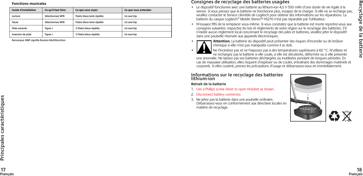 17Français 18FrançaisPrincipales caractéristiquesRecyclage de la batterieConsignes de recyclage des batteries usagées•  Le dispositif fonctionne avec une batterie au lithium-ion 4,0 V 500 mAh d’une durée de vie égale à la sienne. Si vous pensez que la batterie ne fonctionne plus, essayez de la charger. Si elle ne se recharge pas, veuillez contacter le Service clientèle de Logitech pour obtenir des informations sur les réparations. La batterie du casque Logitech® Mobile Stereo™ HS210 n’est pas réparable par l’utilisateur.  •  N’essayez PAS de la remplacer vous-même. Si vous constatez que la batterie est morte reportez-vous aux consignes suivantes: respectez les lois et règlements de votre région sur le recyclage des batteries. S’il n’existe aucun règlement local concernant le recyclage des piles et batteries, veuillez jeter le dispositif dans une poubelle réservée aux appareils électroniques.•  Attention. La batterie du dispositif peut présenter des risques d’incendie ou de brûlure chimique si elle n’est pas manipulée comme il se doit.•  Ne l’incinérez pas et ne l’exposez pas à des températures supérieures à 60 °C. N’utilisez et ne rechargez pas la batterie si elle coule, si elle est décolorée, déformée ou si elle présente une anomalie. Ne laissez pas vos batteries déchargées ou inutilisées pendant de longues périodes. En cas de mauvaise utilisation, elles risquent d’exploser ou de couler, entraînant des dommages matériels et corporels. Si elles coulent, prenez les précautions d’usage et débarrassez-vous en immédiatement.Informations sur le recyclage des batteries lithium-ionRetrait de la batterie1.  Use a Phillips screw driver to open Headset as shown.2.  Disconnect battery connector.3.  Ne jetez pas la batterie dans une poubelle ordinaire.  Débarrassez-vous en conformément aux directives locales  en matière de recyclage.Fonctions musicalesGuide d’installation Ce qu’il faut faire Ce que vous voyez Ce que vous entendezLecture Sélectionnez MFB Flashs bleus lents répétés  Un seul bip Pause Sélectionnez MFB Flashs bleus lents répétés  Un seul bipPiste suivante Tapez &gt; 3 Flashs bleus répétés  Un seul bipInversion de piste Tapez &lt; 3 Flashs bleus répétés  Un seul bipRemarque: BMF signiﬁ e Bouton Multifonction