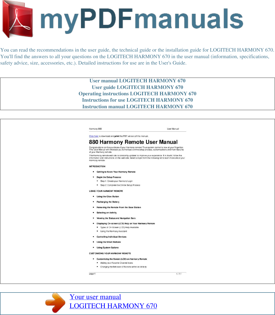 Page 1 of 2 - Logitech Logitech-670-Users-Manual- User Manual HARMONY 670  Logitech-670-users-manual