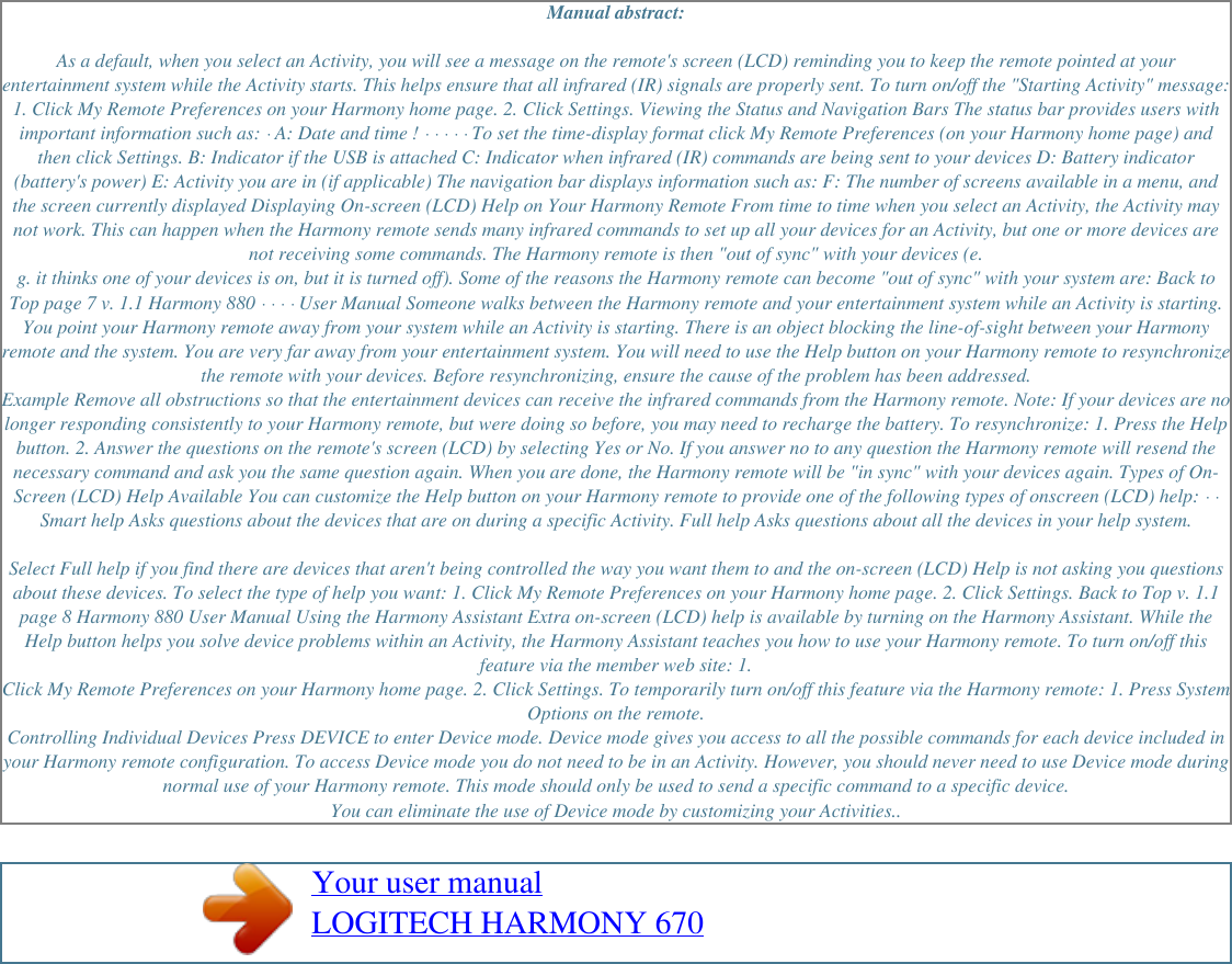 Page 2 of 2 - Logitech Logitech-670-Users-Manual- User Manual HARMONY 670  Logitech-670-users-manual