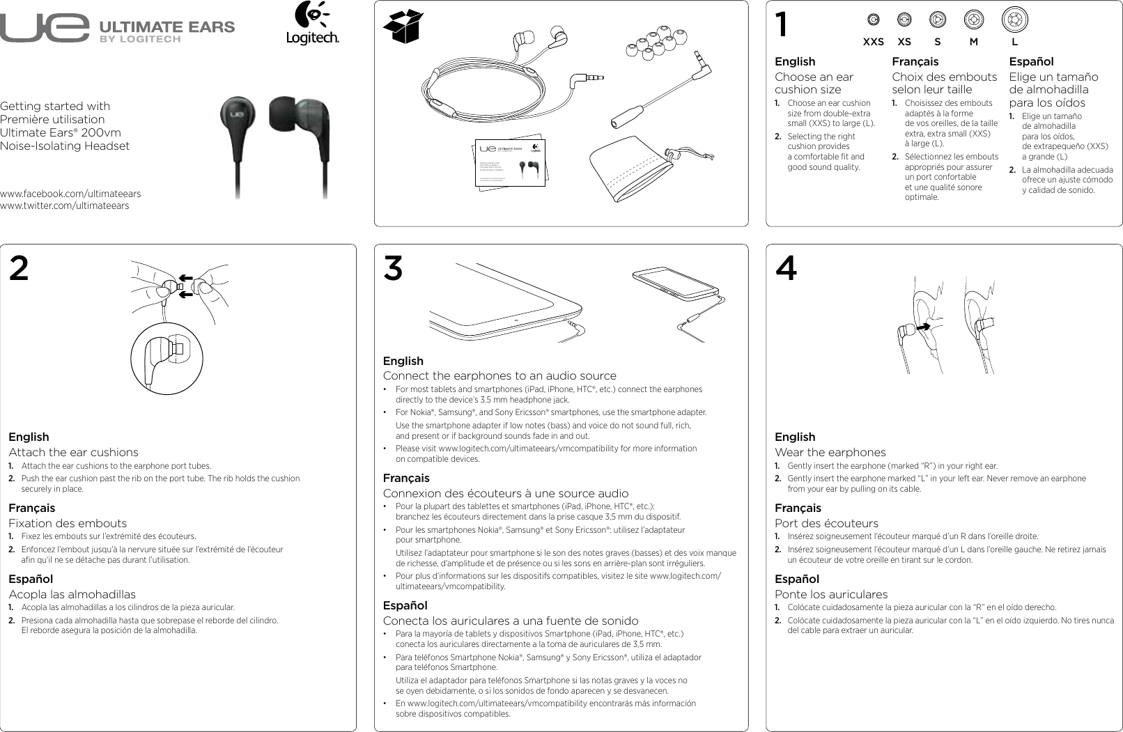 Page 1 of 2 - Logitech Logitech-Ultimate-Ears-200Vm-Noise-Isolating-Headset-Quick-Start-Guide