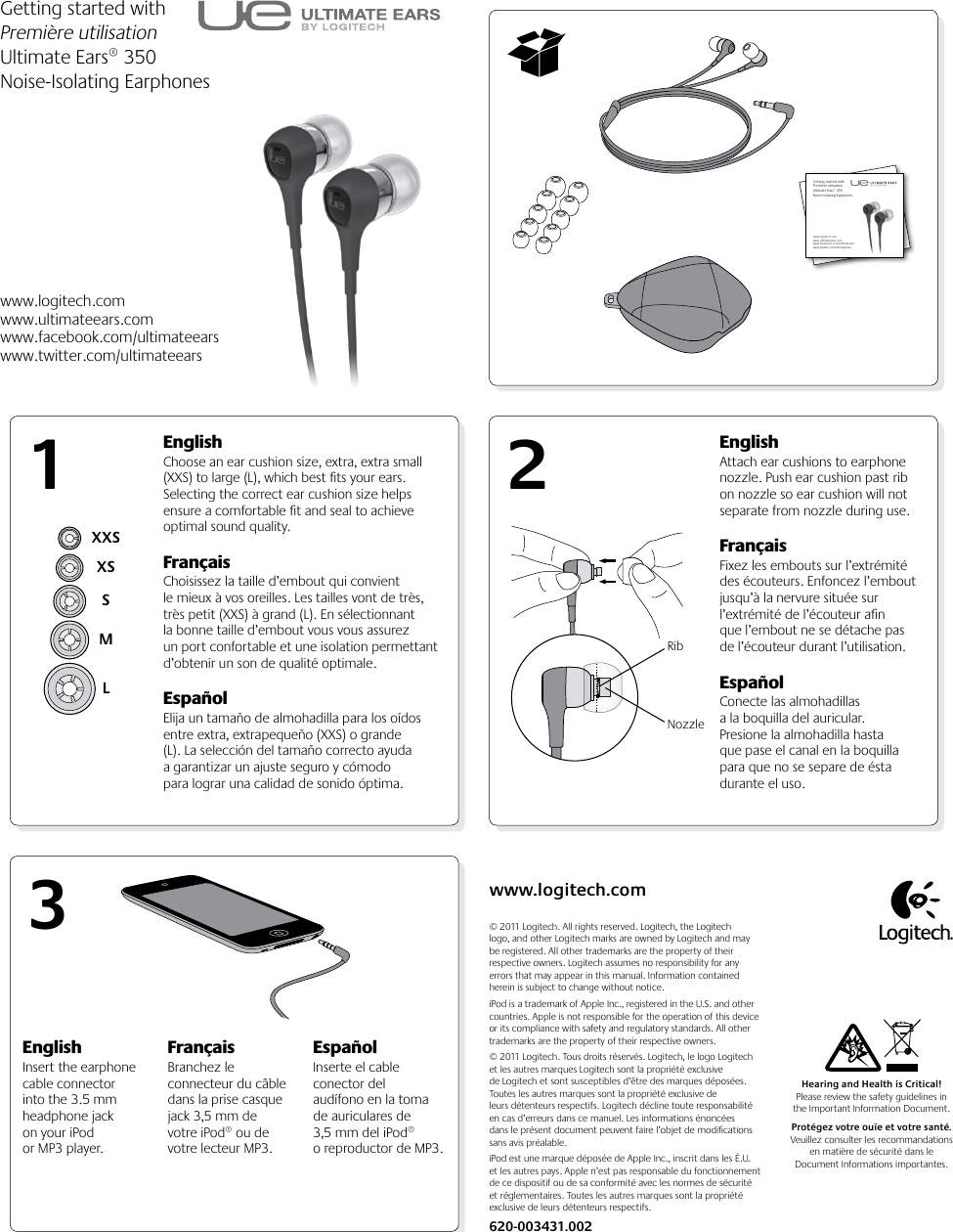 Logitech Ultimate Ears 350 Noise Isolating Earphones Quick Start Guide