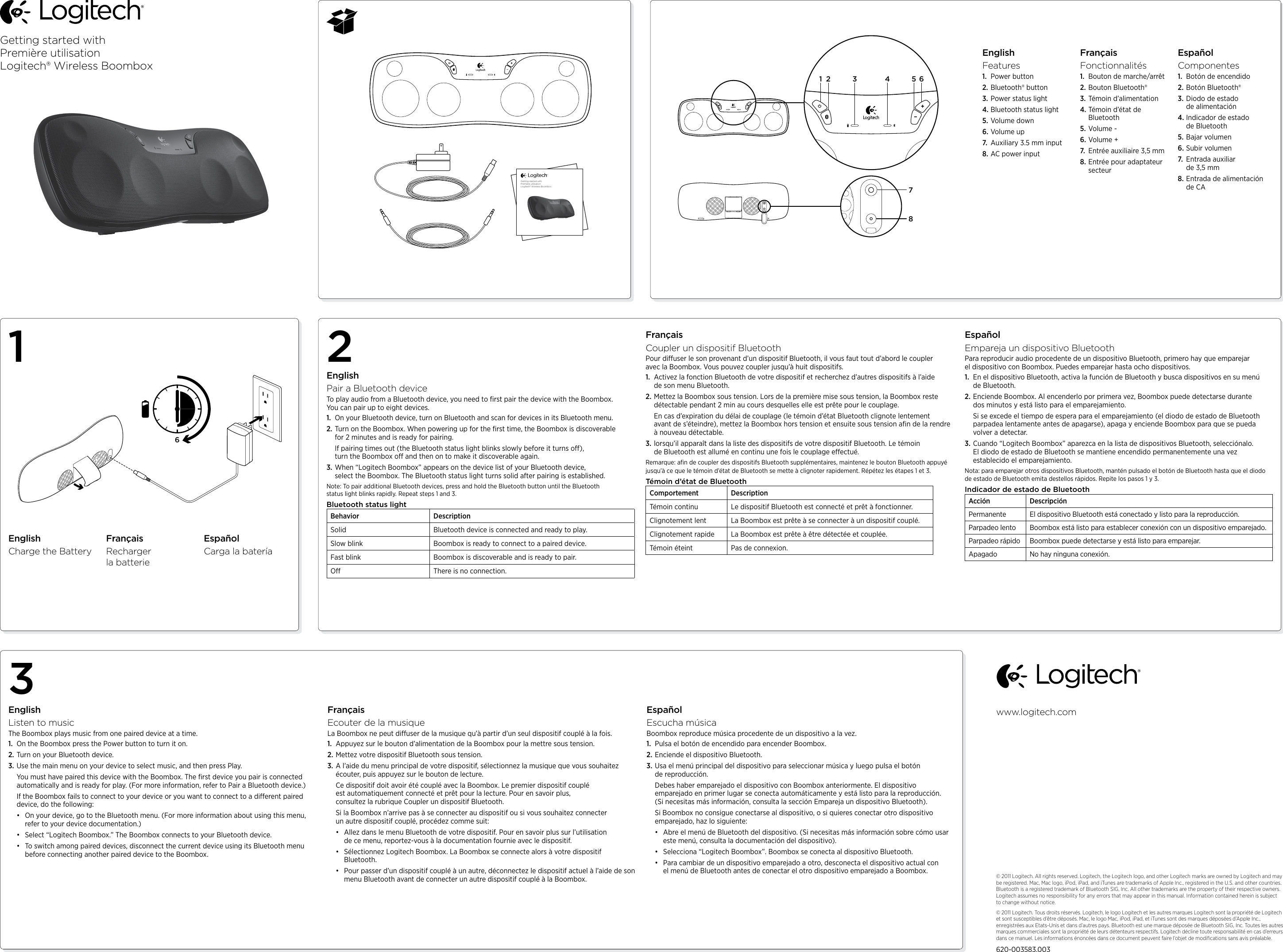 Page 1 of 2 - Logitech Logitech-Wireless-Boombox-Quick-Start-Guide