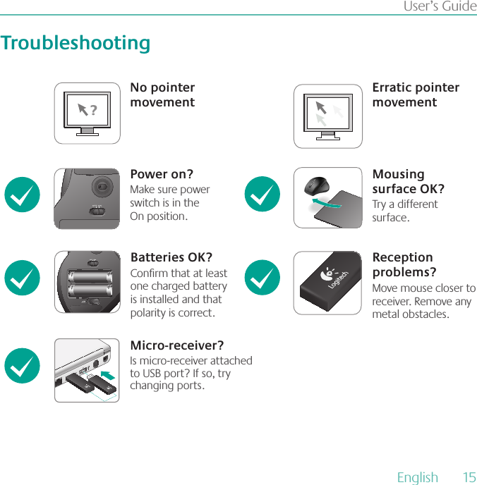 User’s Guide  No pointer movementErratic pointer movementPower on?Make sure power switch is in the   On position.Mousing  surface OK?Try a different surface.Reception problems?Move mouse closer to receiver. Remove any metal obstacles.Batteries OK?Conrm that at least one charged battery is installed and that polarity is correct.Micro-receiver?Is micro-receiver attached to USB port? If so, try changing ports. TroubleshootingEnglish  15