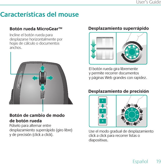 User’s GuideBotón rueda MicroGear™1123Desplazamiento superrápidoDesplazamiento de precisiónBotón de cambio de modo  de botón ruedaPúlselo para alternar entre desplazamiento superrápido (giro libre)  y de precisión (click a click).Incline el botón rueda para desplazarse horizontalmente por hojas de cálculo o documentos anchos.El botón rueda gira libremente  y permite recorrer documentos  y páginas Web grandes con rapidez. Use el modo gradual de desplazamiento click a click para recorrer listas o diapositivas.Características del mouseEspañol  19