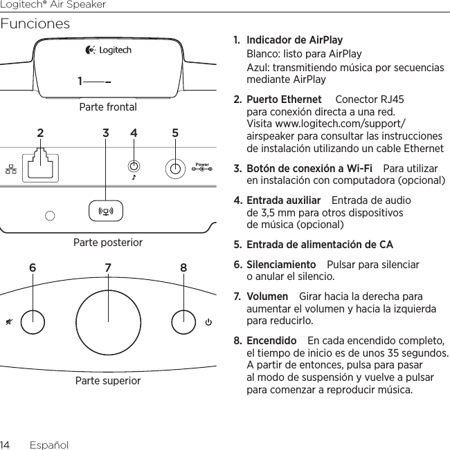 Logitech® Air Speaker1414  EspañolFunciones1.  Indicador de AirPlayBlanco: listo para AirPlayAzul: transmitiendo música por secuencias mediante AirPlay2.  Puerto Ethernet  Conector RJ45 para conexión directa a una red. Visita www.logitech.com/support/airspeaker para consultar las instrucciones de instalación utilizando un cable Ethernet3.  Botón de conexión a Wi-Fi Para utilizar en instalación con computadora (opcional)4. Entrada auxiliar Entrada de audio de 3,5 mm para otros dispositivos de música (opcional)5.  Entrada de alimentación de CA6. Silenciamiento Pulsar para silenciar o anular el silencio.7.  Volumen Girar hacia la derecha para aumentar el volumen y hacia la izquierda para reducirlo.8.  Encendido En cada encendido completo, el tiempo de inicio es de unos 35 segundos. A partir de entonces, pulsa para pasar al modo de suspensión y vuelve a pulsar para comenzar a reproducir música.6 7 82 3 4 51Parte posteriorParte frontalParte superior