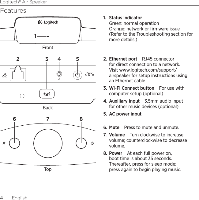 Logitech® Air Speaker44  EnglishFeatures1.  Status indicator Green: normal operation Orange: network or ﬁrmware issue (Refer to the Troubleshooting section for more details.)2.  Ethernet port RJ45 connector for direct connection to a network. Visit www.logitech.com/support/airspeaker for setup instructions using an Ethernet cable3.  Wi-Fi Connect button For use with computer setup (optional)4. Auxiliary input 3.5mm audio input for other music devices (optional)5.  AC power input6. Mute Press to mute and unmute.7.  Volume Turn clockwise to increase volume; counterclockwise to decrease volume.8.  Power At each full power on, boot time is about 35 seconds. Thereafter, press for sleep mode; press again to begin playing music.6 7 82 3 4 51BackFrontTop