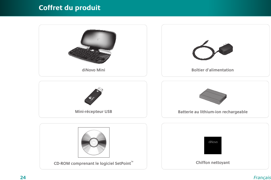 24FrançaisCoffret du produitdiNovodiNovo MiniChiffon nettoyantCD-ROM comprenant le logiciel SetPoint™Batterie au lithium-ion rechargeableBoîtier d’alimentationMini-récepteur USB