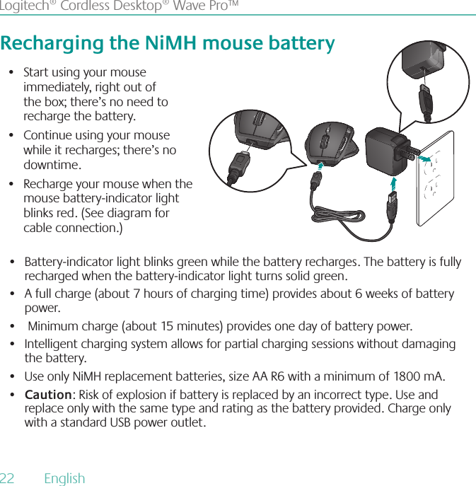 22  English Logitech® Cordless Desktop® Wave Pro™Recharging the NiMH mouse batteryStart using your mouse • immediately, right out of the box; there’s no need to recharge the battery. Continue using your mouse • while it recharges; there’s no downtime.Recharge your mouse when the • mouse battery-indicator light blinks red. (See diagram for cable connection.)Battery-indicator light blinks green while the battery recharges. The battery is fully • recharged when the battery-indicator light turns solid green.A full charge (about 7 hours of charging time) provides about 6 weeks of battery • power. Minimum charge (about 15 minutes) provides one day of battery power.• Intelligent charging system allows for partial charging sessions without damaging • the battery.Use only NiMH replacement batteries, size AA R6 with a minimum of 1800 mA.• Caution•  : Risk of explosion if battery is replaced by an incorrect type. Use and replace only with the same type and rating as the battery provided. Charge only with a standard USB power outlet.