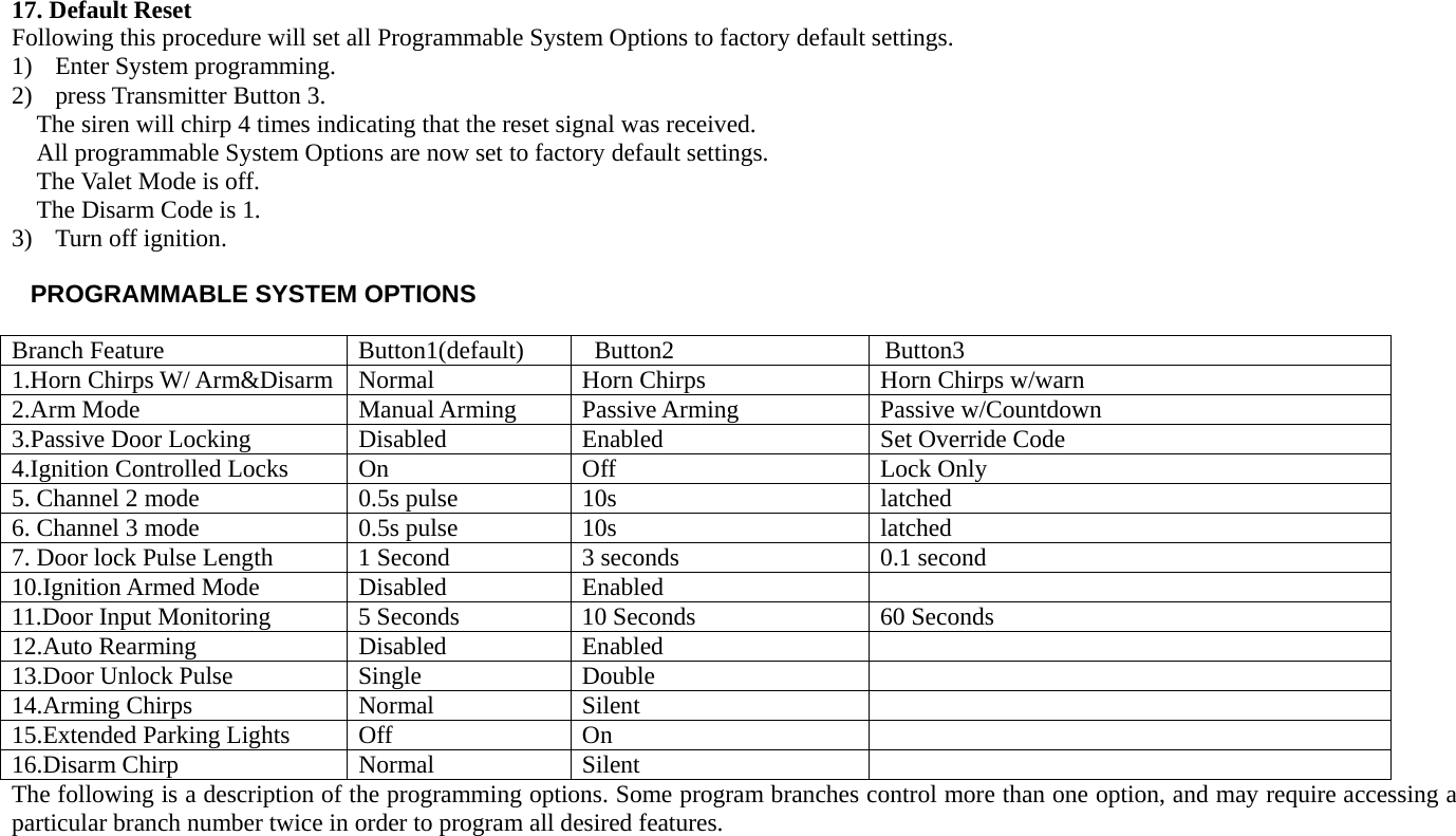 17. Default Reset  Following this procedure will set all Programmable System Options to factory default settings. 1) Enter System programming. 2) press Transmitter Button 3.     The siren will chirp 4 times indicating that the reset signal was received.   All programmable System Options are now set to factory default settings.   The Valet Mode is off. The Disarm Code is 1. 3) Turn off ignition. PROGRAMMABLE SYSTEM OPTIONS Branch Feature  Button1(default)  Button2  Button3 1.Horn Chirps W/ Arm&amp;Disarm    Normal  Horn Chirps  Horn Chirps w/warn 2.Arm Mode  Manual Arming  Passive Arming  Passive w/Countdown 3.Passive Door Locking  Disabled  Enabled  Set Override Code 4.Ignition Controlled Locks  On  Off  Lock Only 5. Channel 2 mode  0.5s pulse  10s  latched 6. Channel 3 mode  0.5s pulse  10s  latched 7. Door lock Pulse Length  1 Second  3 seconds  0.1 second 10.Ignition Armed Mode  Disabled  Enabled   11.Door Input Monitoring  5 Seconds  10 Seconds  60 Seconds 12.Auto Rearming  Disabled  Enabled   13.Door Unlock Pulse  Single  Double   14.Arming Chirps  Normal  Silent   15.Extended Parking Lights  Off  On   16.Disarm Chirp  Normal  Silent   The following is a description of the programming options. Some program branches control more than one option, and may require accessing a particular branch number twice in order to program all desired features.   