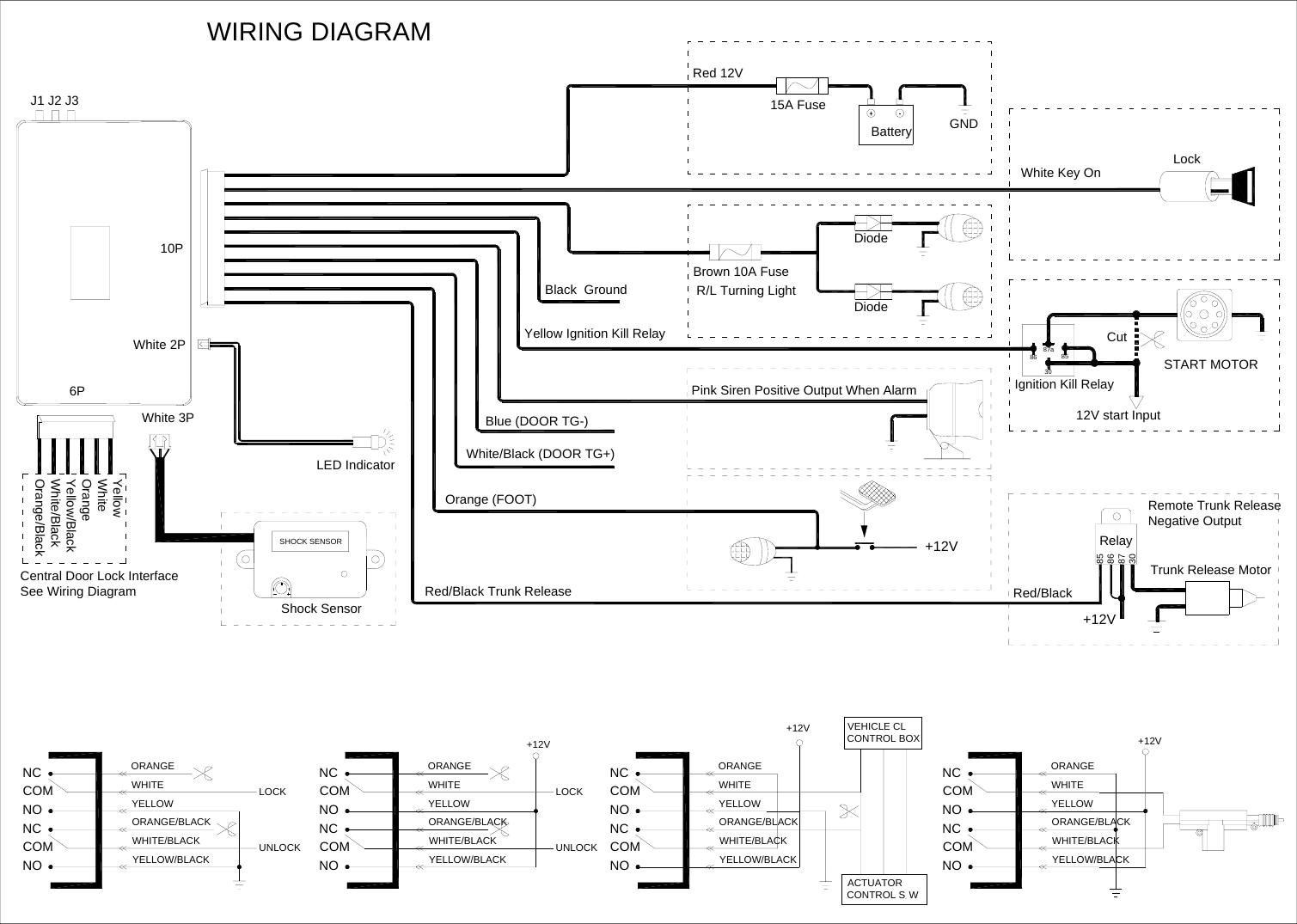    WIRING DIAGRAMYellowWhiteOrangeYellow/BlackWhite/BlackOrange/BlackCOMNO YELLOW/BLACKORANGENONCCOMNCYELLOWWHITE/BLACKORANGE/BLACKWHITECentral Door Lock InterfaceSee Wiring Diagram White 3P6PWhite 2P10PJ1 J2 J3Orange (FOOT)85868730WHITE/BLACKYELLOW/BLACKORANGE/BLACKRelayCOMCOMCOM UNLOCKUNLOCK YELLOW/BLACKNO NOACTUATOR CONTROL S WYELLOW/BLACK NOORANGE/BLACKWHITE/BLACKWHITEYELLOWORANGENCCOMNONCLOCKNONCLOCK COMNC+12VRed/Black Trunk ReleaseShock SensorSHOCK SENSORVEHICLE CL CONTROL BOXORANGEWHITE/BLACKORANGE/BLACKYELLOWWHITE+12VORANGENONCCOMNCYELLOWWHITERed/Black+12V+12V+12VRemote Trunk ReleaseNegative OutputTrunk Release Motor12V start InputCutBatteryLED IndicatorBlue (DOOR TG-)White/Black (DOOR TG+)Yellow Ignition Kill RelayBlack  GroundPink Siren Positive Output When Alarm86Ignition Kill Relay3087a 85R/L Turning LightBrown 10A FuseDiodeDiodeWhite Key On15A FuseRed 12VGNDSTART MOTORLock 