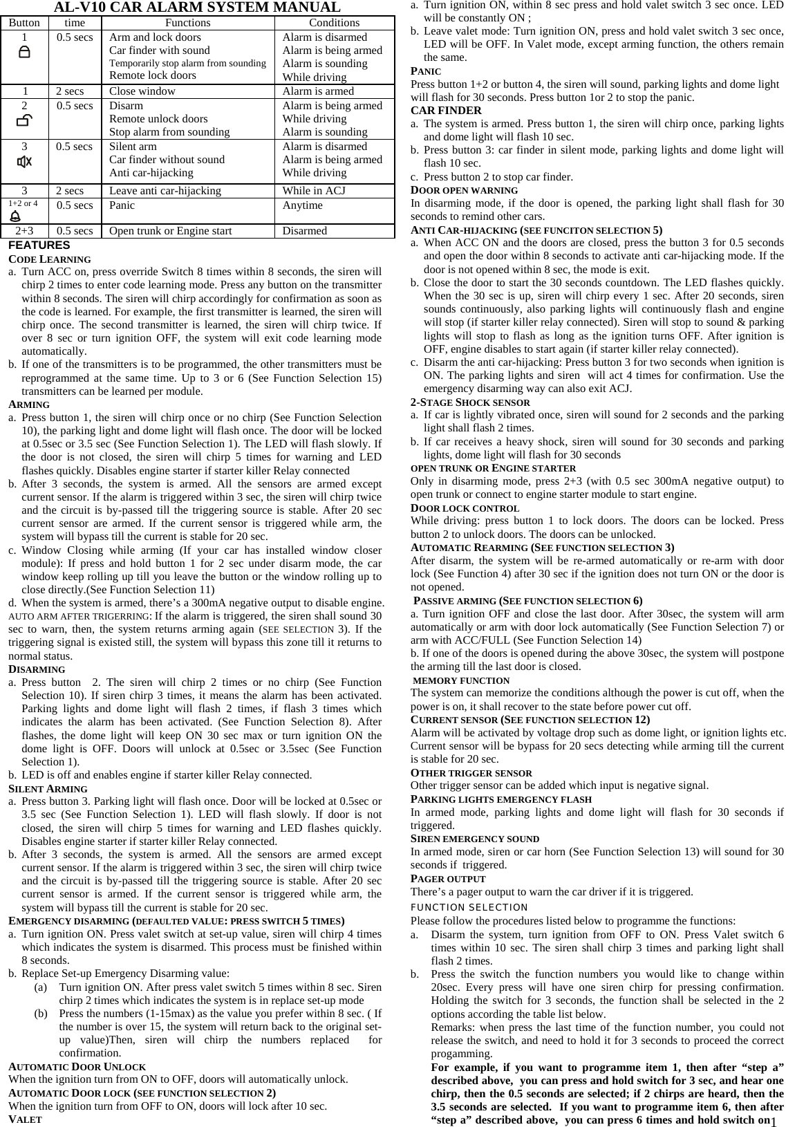  1AL-V10 CAR ALARM SYSTEM MANUAL Button time  Functions  Conditions 1  0.5 secs  Arm and lock doors Car finder with sound Temporarily stop alarm from sounding Remote lock doors Alarm is disarmed Alarm is being armed Alarm is sounding While driving  1   2 secs  Close window  Alarm is armed  2  0.5 secs  Disarm Remote unlock doors Stop alarm from sounding Alarm is being armed While driving Alarm is sounding 3   0.5 secs         Silent arm Car finder without sound Anti car-hijacking Alarm is disarmed Alarm is being armed While driving 3   2 secs  Leave anti car-hijacking  While in ACJ 1+2 or 4  0.5 secs  Panic  Anytime 2+3  0.5 secs  Open trunk or Engine start  Disarmed FEATURES CODE LEARNING  a. Turn ACC on, press override Switch 8 times within 8 seconds, the siren will chirp 2 times to enter code learning mode. Press any button on the transmitter within 8 seconds. The siren will chirp accordingly for confirmation as soon as the code is learned. For example, the first transmitter is learned, the siren will chirp once. The second transmitter is learned, the siren will chirp twice. If over 8 sec or turn ignition OFF, the system will exit code learning mode automatically. b. If one of the transmitters is to be programmed, the other transmitters must be reprogrammed at the same time. Up to 3 or 6 (See Function Selection 15) transmitters can be learned per module.  ARMING a. Press button 1, the siren will chirp once or no chirp (See Function Selection 10), the parking light and dome light will flash once. The door will be locked at 0.5sec or 3.5 sec (See Function Selection 1). The LED will flash slowly. If the door is not closed, the siren will chirp 5 times for warning and LED flashes quickly. Disables engine starter if starter killer Relay connected b. After 3 seconds, the system is armed. All the sensors are armed except current sensor. If the alarm is triggered within 3 sec, the siren will chirp twice and the circuit is by-passed till the triggering source is stable. After 20 sec current sensor are armed. If the current sensor is triggered while arm, the system will bypass till the current is stable for 20 sec.  c. Window Closing while arming (If your car has installed window closer module): If press and hold button 1 for 2 sec under disarm mode, the car window keep rolling up till you leave the button or the window rolling up to close directly.(See Function Selection 11) d. When the system is armed, there’s a 300mA negative output to disable engine. AUTO ARM AFTER TRIGERRING: If the alarm is triggered, the siren shall sound 30 sec to warn, then, the system returns arming again (SEE SELECTION 3). If the triggering signal is existed still, the system will bypass this zone till it returns to normal status.   DISARMING a. Press button  2. The siren will chirp 2 times or no chirp (See Function Selection 10). If siren chirp 3 times, it means the alarm has been activated. Parking lights and dome light will flash 2 times, if flash 3 times which indicates the alarm has been activated. (See Function Selection 8). After flashes, the dome light will keep ON 30 sec max or turn ignition ON the dome light is OFF. Doors will unlock at 0.5sec or 3.5sec (See Function Selection 1). b. LED is off and enables engine if starter killer Relay connected.  SILENT ARMING a. Press button 3. Parking light will flash once. Door will be locked at 0.5sec or 3.5 sec (See Function Selection 1). LED will flash slowly. If door is not closed, the siren will chirp 5 times for warning and LED flashes quickly. Disables engine starter if starter killer Relay connected.  b. After 3 seconds, the system is armed. All the sensors are armed except current sensor. If the alarm is triggered within 3 sec, the siren will chirp twice and the circuit is by-passed till the triggering source is stable. After 20 sec current sensor is armed. If the current sensor is triggered while arm, the system will bypass till the current is stable for 20 sec.  EMERGENCY DISARMING (DEFAULTED VALUE: PRESS SWITCH 5 TIMES) a. Turn ignition ON. Press valet switch at set-up value, siren will chirp 4 times which indicates the system is disarmed. This process must be finished within 8 seconds. b. Replace Set-up Emergency Disarming value:  (a) Turn ignition ON. After press valet switch 5 times within 8 sec. Siren chirp 2 times which indicates the system is in replace set-up mode  (b) Press the numbers (1-15max) as the value you prefer within 8 sec. ( If the number is over 15, the system will return back to the original set-up value)Then, siren will chirp the numbers replaced  for confirmation.    AUTOMATIC DOOR UNLOCK  When the ignition turn from ON to OFF, doors will automatically unlock. AUTOMATIC DOOR LOCK (SEE FUNCTION SELECTION 2) When the ignition turn from OFF to ON, doors will lock after 10 sec. VALET  a. Turn ignition ON, within 8 sec press and hold valet switch 3 sec once. LED will be constantly ON ; b. Leave valet mode: Turn ignition ON, press and hold valet switch 3 sec once, LED will be OFF. In Valet mode, except arming function, the others remain the same.  PANIC  Press button 1+2 or button 4, the siren will sound, parking lights and dome light will flash for 30 seconds. Press button 1or 2 to stop the panic. CAR FINDER a. The system is armed. Press button 1, the siren will chirp once, parking lights and dome light will flash 10 sec. b. Press button 3: car finder in silent mode, parking lights and dome light will flash 10 sec. c. Press button 2 to stop car finder.  DOOR OPEN WARNING In disarming mode, if the door is opened, the parking light shall flash for 30 seconds to remind other cars. ANTI CAR-HIJACKING (SEE FUNCITON SELECTION 5) a. When ACC ON and the doors are closed, press the button 3 for 0.5 seconds and open the door within 8 seconds to activate anti car-hijacking mode. If the door is not opened within 8 sec, the mode is exit.  b. Close the door to start the 30 seconds countdown. The LED flashes quickly. When the 30 sec is up, siren will chirp every 1 sec. After 20 seconds, siren sounds continuously, also parking lights will continuously flash and engine will stop (if starter killer relay connected). Siren will stop to sound &amp; parking lights will stop to flash as long as the ignition turns OFF. After ignition is OFF, engine disables to start again (if starter killer relay connected). c. Disarm the anti car-hijacking: Press button 3 for two seconds when ignition is ON. The parking lights and siren  will act 4 times for confirmation. Use the emergency disarming way can also exit ACJ. 2-STAGE SHOCK SENSOR a. If car is lightly vibrated once, siren will sound for 2 seconds and the parking light shall flash 2 times.  b. If car receives a heavy shock, siren will sound for 30 seconds and parking lights, dome light will flash for 30 seconds OPEN TRUNK OR ENGINE STARTER Only in disarming mode, press 2+3 (with 0.5 sec 300mA negative output) to open trunk or connect to engine starter module to start engine.  DOOR LOCK CONTROL While driving: press button 1 to lock doors. The doors can be locked. Press button 2 to unlock doors. The doors can be unlocked. AUTOMATIC REARMING (SEE FUNCTION SELECTION 3)  After disarm, the system will be re-armed automatically or re-arm with door lock (See Function 4) after 30 sec if the ignition does not turn ON or the door is not opened.  PASSIVE ARMING (SEE FUNCTION SELECTION 6) a. Turn ignition OFF and close the last door. After 30sec, the system will arm automatically or arm with door lock automatically (See Function Selection 7) or arm with ACC/FULL (See Function Selection 14) b. If one of the doors is opened during the above 30sec, the system will postpone the arming till the last door is closed.   MEMORY FUNCTION The system can memorize the conditions although the power is cut off, when the power is on, it shall recover to the state before power cut off. CURRENT SENSOR (SEE FUNCTION SELECTION 12) Alarm will be activated by voltage drop such as dome light, or ignition lights etc.   Current sensor will be bypass for 20 secs detecting while arming till the current is stable for 20 sec.  OTHER TRIGGER SENSOR Other trigger sensor can be added which input is negative signal.  PARKING LIGHTS EMERGENCY FLASH In armed mode, parking lights and dome light will flash for 30 seconds if triggered. SIREN EMERGENCY SOUND In armed mode, siren or car horn (See Function Selection 13) will sound for 30 seconds if  triggered. PAGER OUTPUT There’s a pager output to warn the car driver if it is triggered. FUNCTION SELECTION Please follow the procedures listed below to programme the functions: a. Disarm the system, turn ignition from OFF to ON. Press Valet switch 6 times within 10 sec. The siren shall chirp 3 times and parking light shall flash 2 times. b. Press the switch the function numbers you would like to change within 20sec. Every press will have one siren chirp for pressing confirmation. Holding the switch for 3 seconds, the function shall be selected in the 2 options according the table list below.   Remarks: when press the last time of the function number, you could not release the switch, and need to hold it for 3 seconds to proceed the correct progamming.   For example, if you want to programme item 1, then after “step a” described above,  you can press and hold switch for 3 sec, and hear one chirp, then the 0.5 seconds are selected; if 2 chirps are heard, then the 3.5 seconds are selected.  If you want to programme item 6, then after “step a” described above,  you can press 6 times and hold switch on 