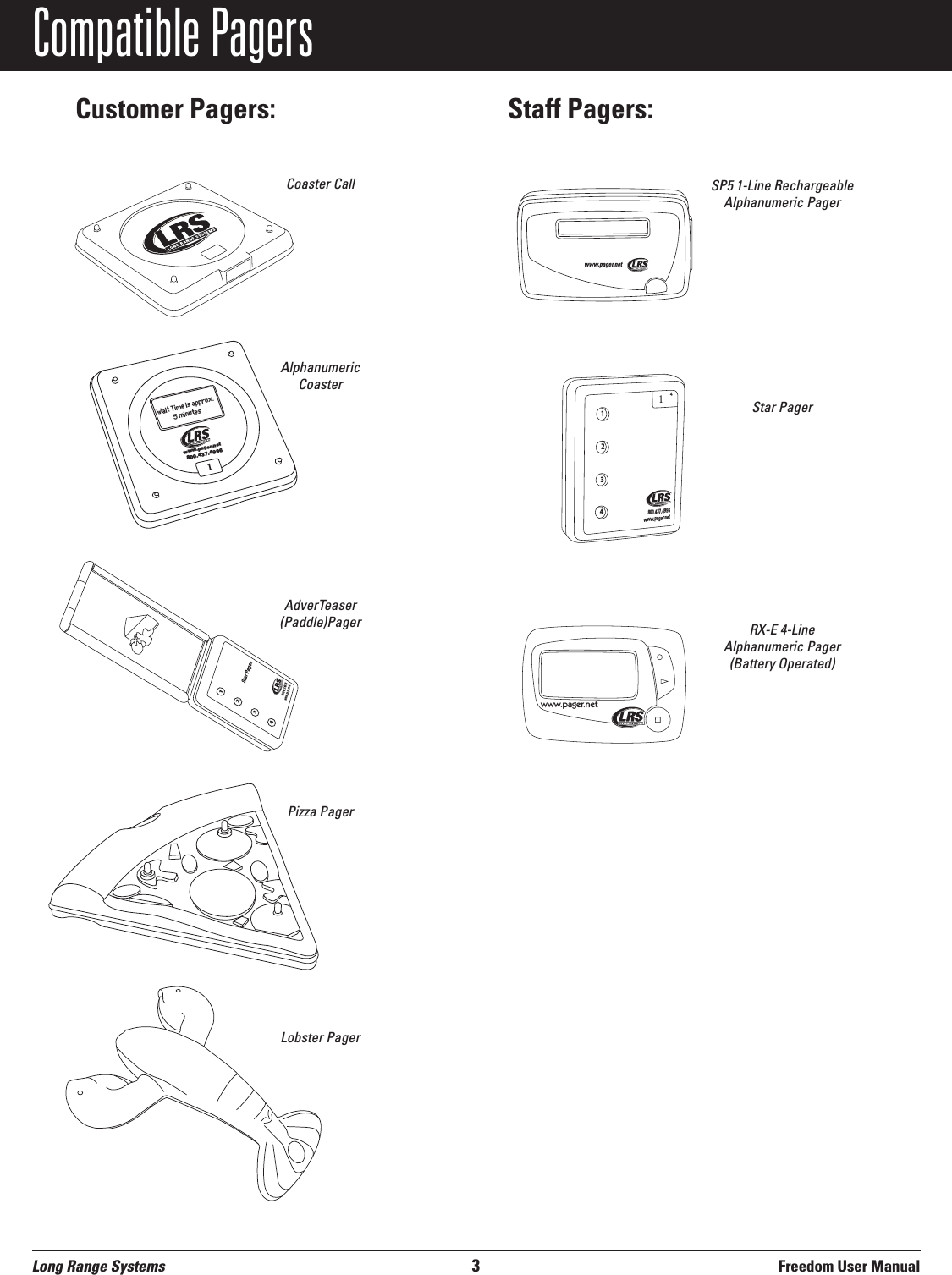 1234800.437.4996www.pager.netStar Pagerwww.pager.netwww.pager.net1234800.437.4996www.pager.net141800.437.4996www.pager.netWait Time is approx.5 minutesStaff Pagers:Customer Pagers:Compatible PagersLong Range Systems 3Freedom User ManualCoaster CallAlphanumericCoasterAdverTeaser(Paddle)PagerPizza PagerLobster PagerSP5 1-Line RechargeableAlphanumeric PagerStar PagerRX-E 4-LineAlphanumeric Pager(Battery Operated)