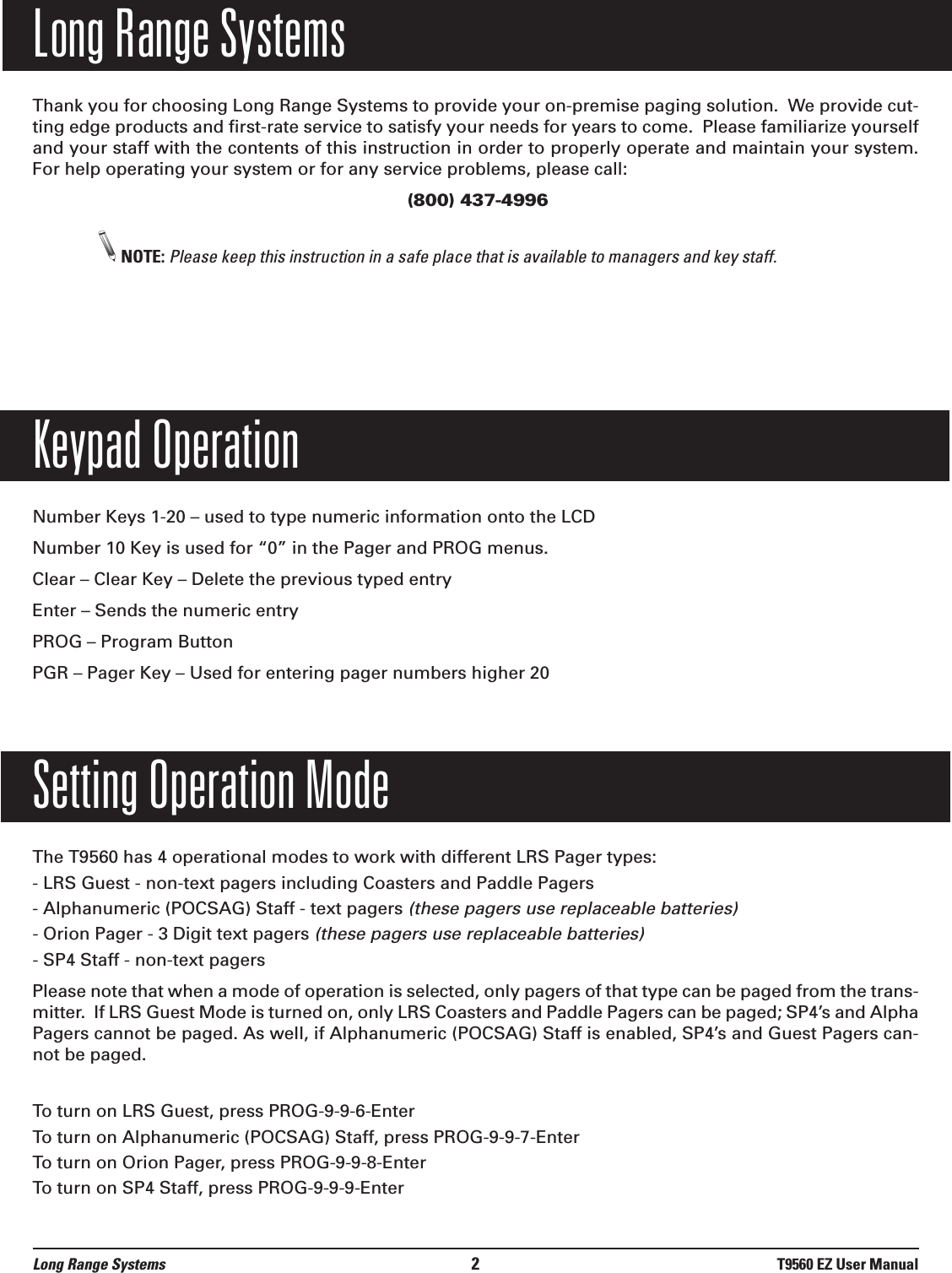 Long Range Systems TX9560 Hand held paging transmitter User Manual Layout 1