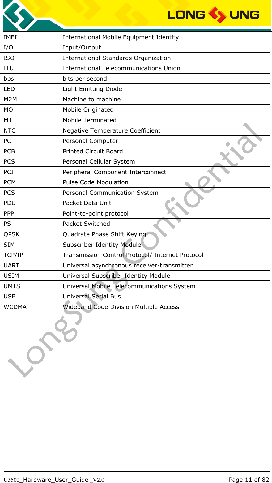   U3500_Hardware_User_Guide _V2.0                                                                                      Page 11 of 82 IMEI   International Mobile Equipment Identity   I/O   Input/Output   ISO   International Standards Organization   ITU   International Telecommunications Union   bps   bits per second   LED   Light Emitting Diode   M2M   Machine to machine   MO   Mobile Originated   MT   Mobile Terminated   NTC   Negative Temperature Coefficient   PC   Personal Computer   PCB   Printed Circuit Board   PCS   Personal Cellular System   PCI   Peripheral Component Interconnect   PCM   Pulse Code Modulation   PCS   Personal Communication System   PDU   Packet Data Unit   PPP   Point-to-point protocol   PS   Packet Switched   QPSK   Quadrate Phase Shift Keying   SIM Subscriber Identity Module TCP/IP   Transmission Control Protocol/ Internet Protocol   UART   Universal asynchronous receiver-transmitter   USIM   Universal Subscriber Identity Module UMTS   Universal Mobile Telecommunications System   USB   Universal Serial Bus   WCDMA Wideband Code Division Multiple Access 