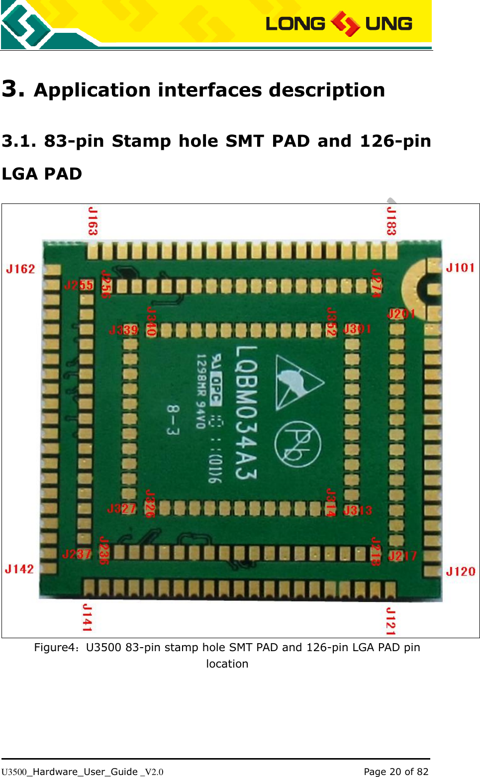   U3500_Hardware_User_Guide _V2.0                                                                                      Page 20 of 82 3. Application interfaces description 3.1. 83-pin Stamp hole SMT PAD and 126-pin LGA PAD  Figure4：U3500 83-pin stamp hole SMT PAD and 126-pin LGA PAD pin location 