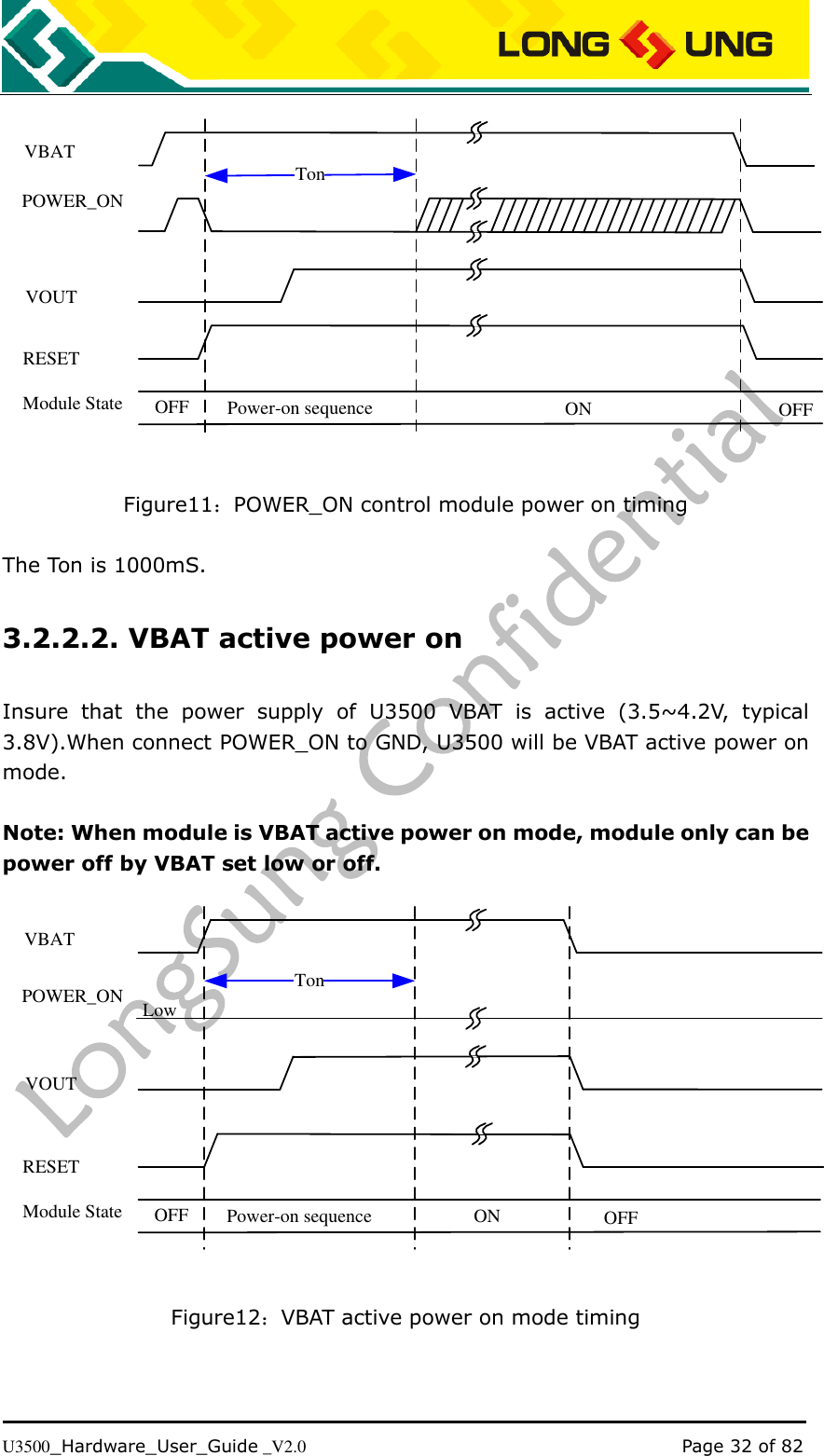   U3500_Hardware_User_Guide _V2.0                                                                                      Page 32 of 82 VBATPOWER_ONVOUTModule State OFF Power-on sequenceTonON OFFRESET Figure11：POWER_ON control module power on timing  The Ton is 1000mS. 3.2.2.2. VBAT active power on Insure  that  the  power  supply  of  U3500  VBAT  is  active  (3.5~4.2V,  typical 3.8V).When connect POWER_ON to GND, U3500 will be VBAT active power on mode.  Note: When module is VBAT active power on mode, module only can be power off by VBAT set low or off. VBATPOWER_ONVOUTModule State OFF Power-on sequenceTonON OFFLowRESET Figure12：VBAT active power on mode timing 