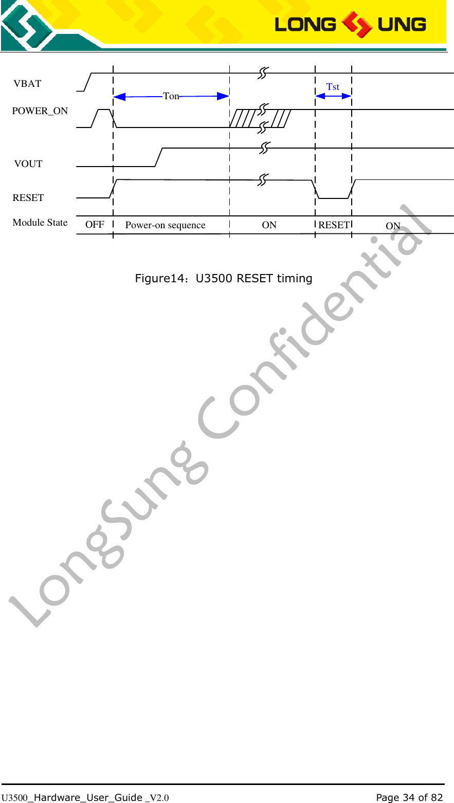   U3500_Hardware_User_Guide _V2.0                                                                                      Page 34 of 82 VBATPOWER_ONVOUTModule State OFF Power-on sequenceTonON RESET ONRESETTst Figure14：U3500 RESET timing 