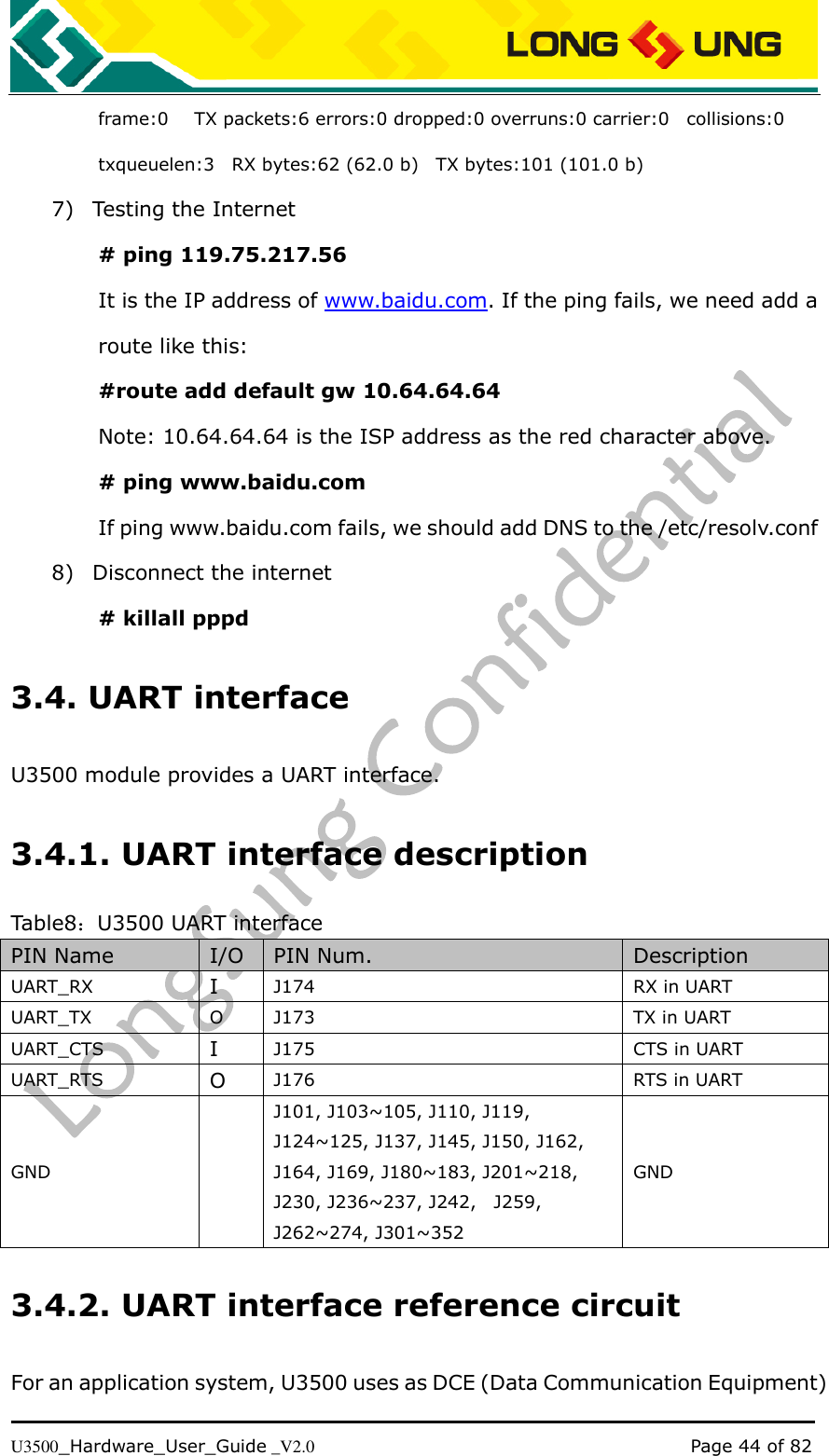   U3500_Hardware_User_Guide _V2.0                                                                                      Page 44 of 82 frame:0      TX packets:6 errors:0 dropped:0 overruns:0 carrier:0    collisions:0 txqueuelen:3    RX bytes:62 (62.0 b)    TX bytes:101 (101.0 b)   7) Testing the Internet # ping 119.75.217.56 It is the IP address of www.baidu.com. If the ping fails, we need add a route like this: #route add default gw 10.64.64.64   Note: 10.64.64.64 is the ISP address as the red character above. # ping www.baidu.com If ping www.baidu.com fails, we should add DNS to the /etc/resolv.conf 8) Disconnect the internet # killall pppd 3.4. UART interface U3500 module provides a UART interface. 3.4.1. UART interface description Table8：U3500 UART interface PIN Name I/O PIN Num. Description UART_RX I J174 RX in UART UART_TX O J173 TX in UART UART_CTS I J175 CTS in UART UART_RTS O J176 RTS in UART GND  J101, J103~105, J110, J119, J124~125, J137, J145, J150, J162, J164, J169, J180~183, J201~218, J230, J236~237, J242,    J259, J262~274, J301~352 GND 3.4.2. UART interface reference circuit For an application system, U3500 uses as DCE (Data Communication Equipment) 