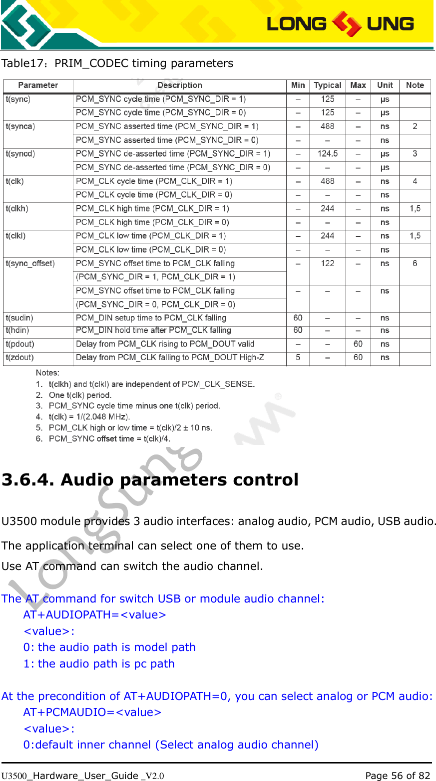   U3500_Hardware_User_Guide _V2.0                                                                                      Page 56 of 82 Table17：PRIM_CODEC timing parameters  3.6.4. Audio parameters control U3500 module provides 3 audio interfaces: analog audio, PCM audio, USB audio. The application terminal can select one of them to use. Use AT command can switch the audio channel.  The AT command for switch USB or module audio channel: AT+AUDIOPATH=&lt;value&gt; &lt;value&gt;: 0: the audio path is model path 1: the audio path is pc path  At the precondition of AT+AUDIOPATH=0, you can select analog or PCM audio: AT+PCMAUDIO=&lt;value&gt; &lt;value&gt;: 0:default inner channel (Select analog audio channel) 