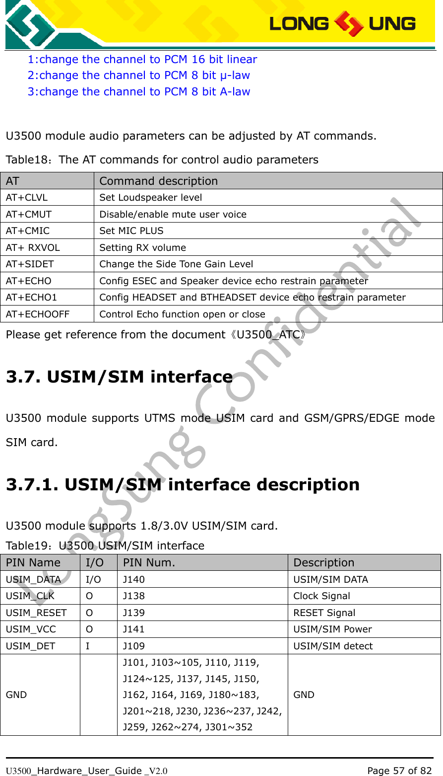   U3500_Hardware_User_Guide _V2.0                                                                                      Page 57 of 82 1:change the channel to PCM 16 bit linear 2:change the channel to PCM 8 bit μ-law 3:change the channel to PCM 8 bit A-law  U3500 module audio parameters can be adjusted by AT commands. Table18：The AT commands for control audio parameters AT Command description AT+CLVL Set Loudspeaker level AT+CMUT Disable/enable mute user voice AT+CMIC Set MIC PLUS AT+ RXVOL Setting RX volume AT+SIDET Change the Side Tone Gain Level AT+ECHO Config ESEC and Speaker device echo restrain parameter AT+ECHO1 Config HEADSET and BTHEADSET device echo restrain parameter AT+ECHOOFF Control Echo function open or close Please get reference from the document《U3500_ATC》 3.7. USIM/SIM interface U3500 module supports  UTMS mode USIM card and  GSM/GPRS/EDGE mode SIM card. 3.7.1. USIM/SIM interface description U3500 module supports 1.8/3.0V USIM/SIM card.   Table19：U3500 USIM/SIM interface PIN Name I/O PIN Num. Description USIM_DATA I/O J140 USIM/SIM DATA USIM_CLK O J138 Clock Signal USIM_RESET O J139 RESET Signal USIM_VCC O J141 USIM/SIM Power USIM_DET I J109 USIM/SIM detect GND  J101, J103~105, J110, J119, J124~125, J137, J145, J150, J162, J164, J169, J180~183, J201~218, J230, J236~237, J242,   J259, J262~274, J301~352 GND 