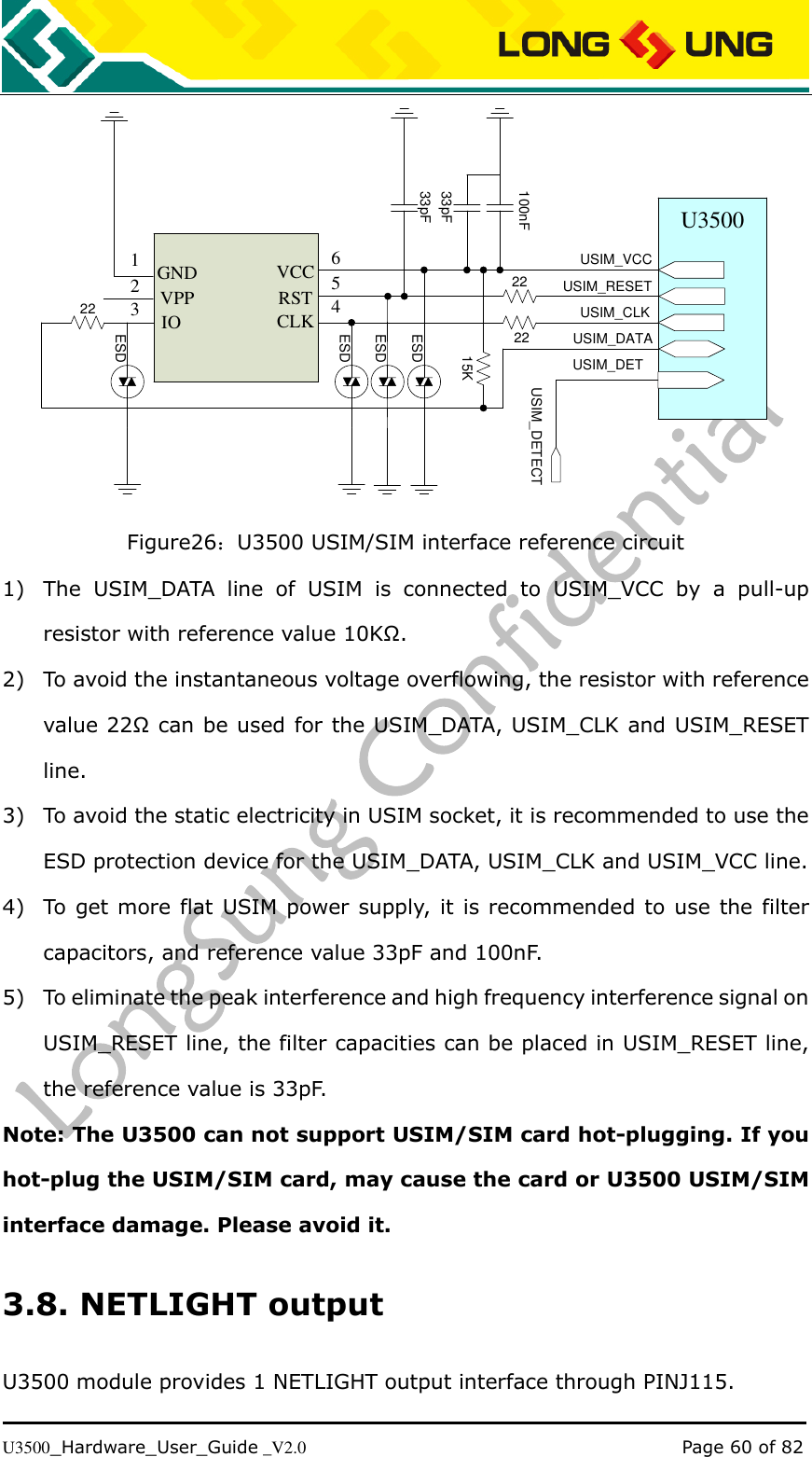   U3500_Hardware_User_Guide _V2.0                                                                                      Page 60 of 82 U35002222USIM_VCCUSIM_RESETUSIM_CLKUSIM_DATA33pF100nFVCCRSTCLKGNDVPPIO1236542215K33pFESDESDESDESDUSIM_DETUSIM_DETECT Figure26：U3500 USIM/SIM interface reference circuit 1) The  USIM_DATA  line  of  USIM  is  connected  to  USIM_VCC  by  a  pull-up resistor with reference value 10KΩ. 2) To avoid the instantaneous voltage overflowing, the resistor with reference value 22Ω can be used for the USIM_DATA, USIM_CLK and USIM_RESET line. 3) To avoid the static electricity in USIM socket, it is recommended to use the ESD protection device for the USIM_DATA, USIM_CLK and USIM_VCC line.   4) To get more flat USIM power supply, it is recommended to use the filter capacitors, and reference value 33pF and 100nF. 5) To eliminate the peak interference and high frequency interference signal on USIM_RESET line, the filter capacities can be placed in USIM_RESET line, the reference value is 33pF. Note: The U3500 can not support USIM/SIM card hot-plugging. If you hot-plug the USIM/SIM card, may cause the card or U3500 USIM/SIM interface damage. Please avoid it. 3.8. NETLIGHT output U3500 module provides 1 NETLIGHT output interface through PINJ115.   