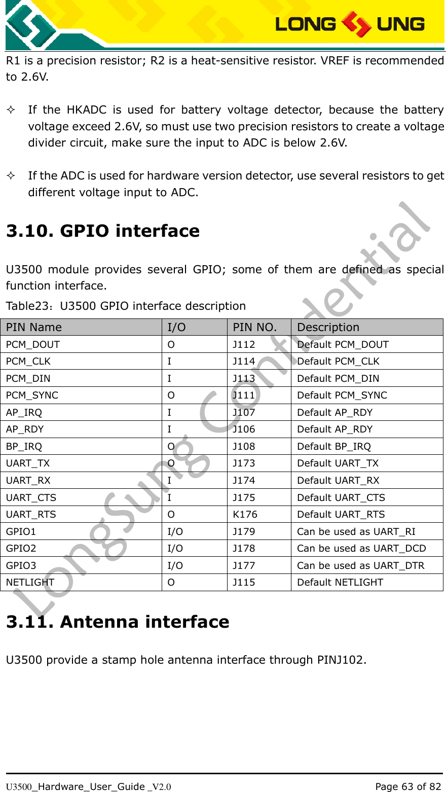   U3500_Hardware_User_Guide _V2.0                                                                                      Page 63 of 82 R1 is a precision resistor; R2 is a heat-sensitive resistor. VREF is recommended to 2.6V.     If  the  HKADC  is  used  for  battery  voltage  detector,  because  the  battery voltage exceed 2.6V, so must use two precision resistors to create a voltage divider circuit, make sure the input to ADC is below 2.6V.   If the ADC is used for hardware version detector, use several resistors to get different voltage input to ADC. 3.10. GPIO interface U3500  module  provides  several  GPIO;  some  of  them  are  defined  as  special function interface. Table23：U3500 GPIO interface description PIN Name  I/O   PIN NO. Description PCM_DOUT O J112 Default PCM_DOUT PCM_CLK I J114 Default PCM_CLK PCM_DIN I J113 Default PCM_DIN PCM_SYNC O J111 Default PCM_SYNC AP_IRQ I J107 Default AP_RDY AP_RDY I J106 Default AP_RDY BP_IRQ O J108 Default BP_IRQ UART_TX O J173 Default UART_TX UART_RX I J174 Default UART_RX UART_CTS I J175 Default UART_CTS UART_RTS O K176 Default UART_RTS GPIO1 I/O J179 Can be used as UART_RI GPIO2 I/O J178 Can be used as UART_DCD GPIO3 I/O J177 Can be used as UART_DTR NETLIGHT O J115 Default NETLIGHT 3.11. Antenna interface U3500 provide a stamp hole antenna interface through PINJ102.