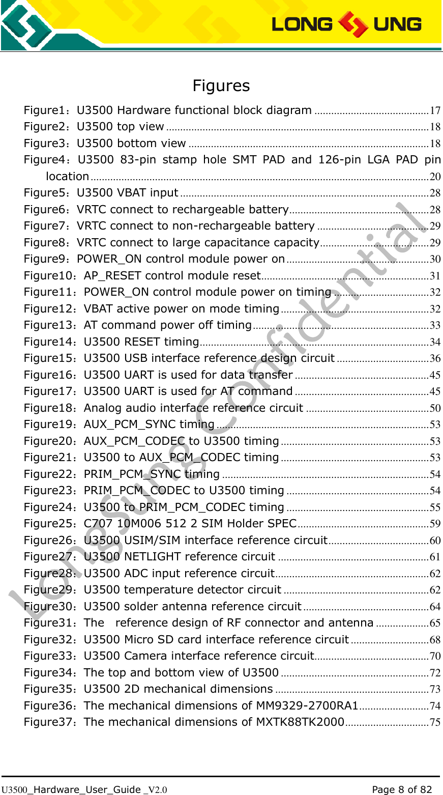   U3500_Hardware_User_Guide _V2.0                                                                                      Page 8 of 82  Figures Figure1：U3500 Hardware functional block diagram ......................................... 17 Figure2：U3500 top view .............................................................................................. 18 Figure3：U3500 bottom view ...................................................................................... 18 Figure4：U3500  83-pin  stamp  hole  SMT  PAD  and  126-pin  LGA  PAD  pin location ......................................................................................................................... 20 Figure5：U3500 VBAT input ......................................................................................... 28 Figure6：VRTC connect to rechargeable battery.................................................. 28 Figure7：VRTC connect to non-rechargeable battery ........................................ 29 Figure8：VRTC connect to large capacitance capacity ....................................... 29 Figure9：POWER_ON control module power on ................................................... 30 Figure10：AP_RESET control module reset ............................................................ 31 Figure11：POWER_ON control module power on timing .................................. 32 Figure12：VBAT active power on mode timing ..................................................... 32 Figure13：AT command power off timing ............................................................... 33 Figure14：U3500 RESET timing .................................................................................. 34 Figure15：U3500 USB interface reference design circuit ................................. 36 Figure16：U3500 UART is used for data transfer ................................................ 45 Figure17：U3500 UART is used for AT command ................................................ 45 Figure18：Analog audio interface reference circuit ............................................ 50 Figure19：AUX_PCM_SYNC timing ............................................................................ 53 Figure20：AUX_PCM_CODEC to U3500 timing ..................................................... 53 Figure21：U3500 to AUX_PCM_CODEC timing ..................................................... 53 Figure22：PRIM_PCM_SYNC timing .......................................................................... 54 Figure23：PRIM_PCM_CODEC to U3500 timing ................................................... 54 Figure24：U3500 to PRIM_PCM_CODEC timing ................................................... 55 Figure25：C707 10M006 512 2 SIM Holder SPEC ............................................... 59 Figure26：U3500 USIM/SIM interface reference circuit .................................... 60 Figure27：U3500 NETLIGHT reference circuit ...................................................... 61 Figure28：U3500 ADC input reference circuit ....................................................... 62 Figure29：U3500 temperature detector circuit .................................................... 62 Figure30：U3500 solder antenna reference circuit ............................................. 64 Figure31：The    reference design of RF connector and antenna ................... 65 Figure32：U3500 Micro SD card interface reference circuit ............................ 68 Figure33：U3500 Camera interface reference circuit......................................... 70 Figure34：The top and bottom view of U3500 ..................................................... 72 Figure35：U3500 2D mechanical dimensions ....................................................... 73 Figure36：The mechanical dimensions of MM9329-2700RA1 ......................... 74 Figure37：The mechanical dimensions of MXTK88TK2000 .............................. 75  