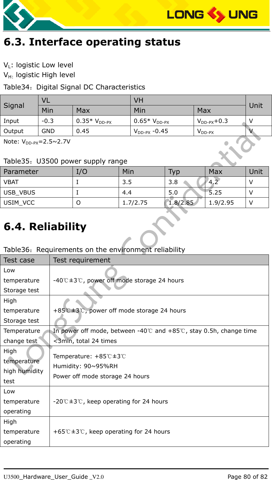   U3500_Hardware_User_Guide _V2.0                                                                                      Page 80 of 82 6.3. Interface operating status VL: logistic Low level VH: logistic High level Table34：Digital Signal DC Characteristics Signal VL VH Unit Min Max Min Max Input -0.3 0.35* VDD-PX 0.65* VDD-PX VDD-PX+0.3 V Output GND 0.45 VDD-PX -0.45 VDD-PX V Note: VDD-PX=2.5~2.7V  Table35：U3500 power supply range Parameter I/O Min Typ Max Unit VBAT I 3.5 3.8 4.2 V USB_VBUS I 4.4 5.0 5.25 V USIM_VCC O 1.7/2.75 1.8/2.85 1.9/2.95 V 6.4. Reliability Table36：Requirements on the environment reliability Test case Test requirement Low temperature   Storage test -40℃±3 ℃, power off mode storage 24 hours High temperature     Storage test +85℃±3 ℃, power off mode storage 24 hours Temperature change test In power off mode, between -40℃ and +85℃, stay 0.5h, change time &lt;3min, total 24 times High temperature high humidity test Temperature: +85℃±3 ℃ Humidity: 90~95%RH Power off mode storage 24 hours Low temperature operating -20℃±3 ℃, keep operating for 24 hours High temperature operating +65℃±3 ℃, keep operating for 24 hours 