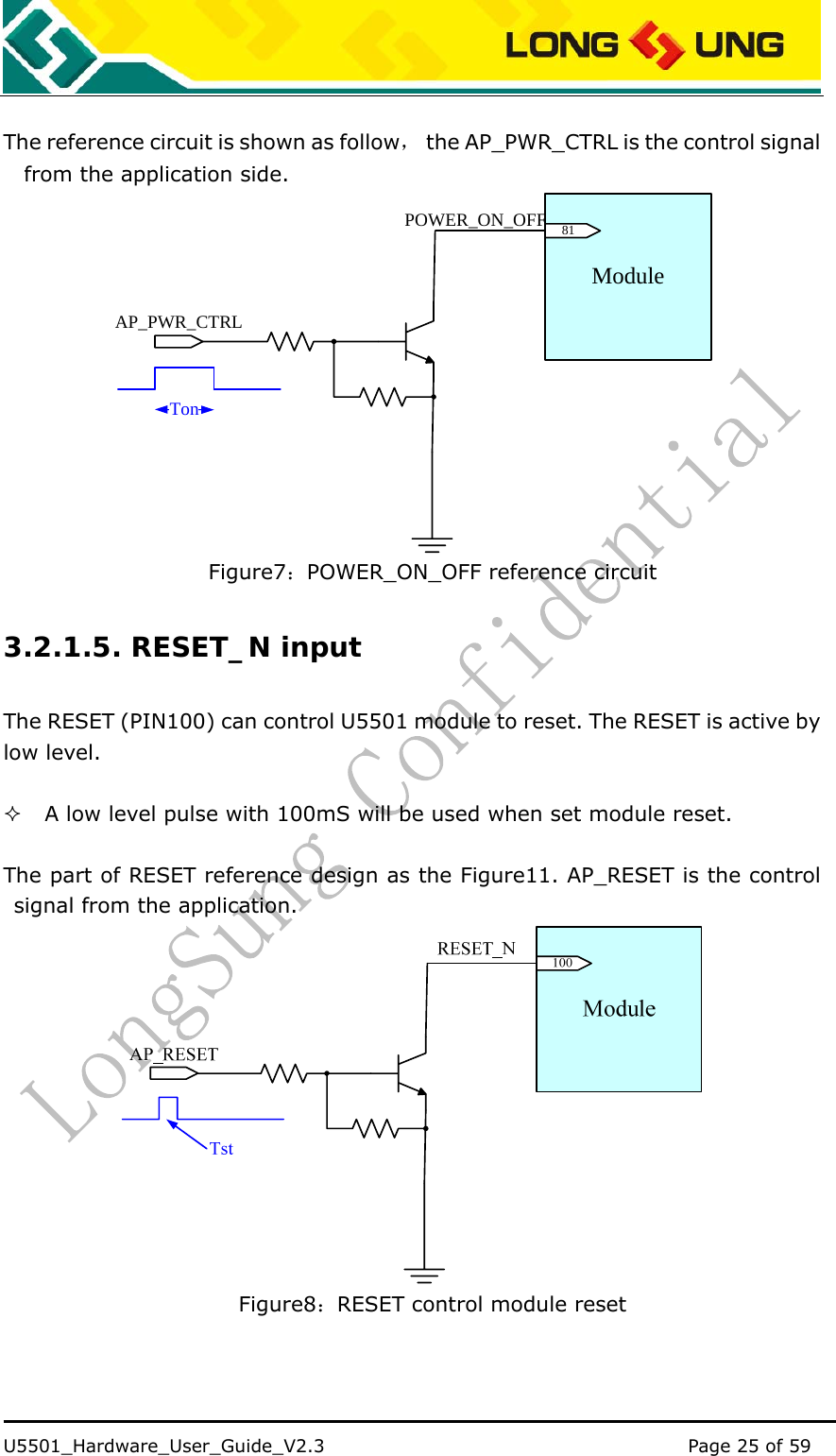    U5501_Hardware_User_Guide_V2.3                                         Page 25 of 59                                    The reference circuit is shown as follow，  the AP_PWR_CTRL is the control signal from the application side. Module81AP_PWR_CTRLPOWER_ON_OFFTon Figure7：POWER_ON_OFF reference circuit 3.2.1.5. RESET_N input The RESET (PIN100) can control U5501 module to reset. The RESET is active by low level.   A low level pulse with 100mS will be used when set module reset.  The part of RESET reference design as the Figure11. AP_RESET is the control signal from the application.  Figure8：RESET control module reset 