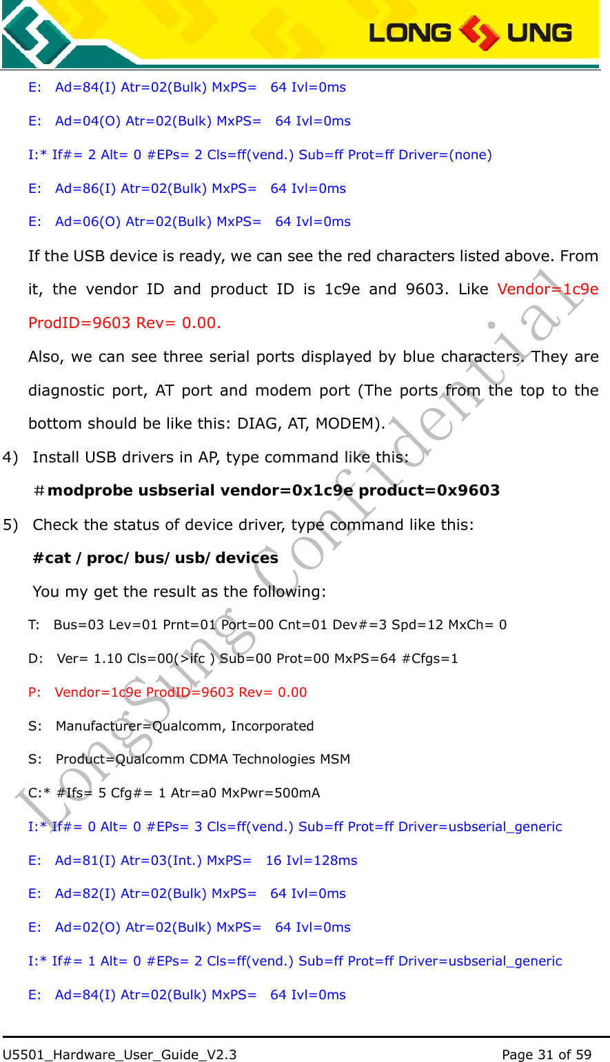    U5501_Hardware_User_Guide_V2.3                                         Page 31 of 59                                   E:  Ad=84(I) Atr=02(Bulk) MxPS=  64 Ivl=0ms E:  Ad=04(O) Atr=02(Bulk) MxPS=  64 Ivl=0ms I:* If#= 2 Alt= 0 #EPs= 2 Cls=ff(vend.) Sub=ff Prot=ff Driver=(none) E:  Ad=86(I) Atr=02(Bulk) MxPS=  64 Ivl=0ms E:  Ad=06(O) Atr=02(Bulk) MxPS=  64 Ivl=0ms If the USB device is ready, we can see the red characters listed above. From it, the vendor ID and product ID is 1c9e and 9603. Like Vendor=1c9e ProdID=9603 Rev= 0.00. Also, we can see three serial ports displayed by blue characters. They are diagnostic port, AT port and modem port (The ports from the top to the bottom should be like this: DIAG, AT, MODEM). 4) Install USB drivers in AP, type command like this: ＃modprobe usbserial vendor=0x1c9e product=0x9603 5) Check the status of device driver, type command like this: #cat /proc/bus/usb/devices You my get the result as the following: T:    Bus=03 Lev=01 Prnt=01 Port=00 Cnt=01 Dev#=3 Spd=12 MxCh= 0 D:    Ver= 1.10 Cls=00(&gt;ifc ) Sub=00 Prot=00 MxPS=64 #Cfgs=1 P:  Vendor=1c9e ProdID=9603 Rev= 0.00 S:  Manufacturer=Qualcomm, Incorporated S:    Product=Qualcomm CDMA Technologies MSM C:* #Ifs= 5 Cfg#= 1 Atr=a0 MxPwr=500mA I:* If#= 0 Alt= 0 #EPs= 3 Cls=ff(vend.) Sub=ff Prot=ff Driver=usbserial_generic E:  Ad=81(I) Atr=03(Int.) MxPS=  16 Ivl=128ms E:  Ad=82(I) Atr=02(Bulk) MxPS=  64 Ivl=0ms E:  Ad=02(O) Atr=02(Bulk) MxPS=  64 Ivl=0ms I:* If#= 1 Alt= 0 #EPs= 2 Cls=ff(vend.) Sub=ff Prot=ff Driver=usbserial_generic E:  Ad=84(I) Atr=02(Bulk) MxPS=  64 Ivl=0ms 