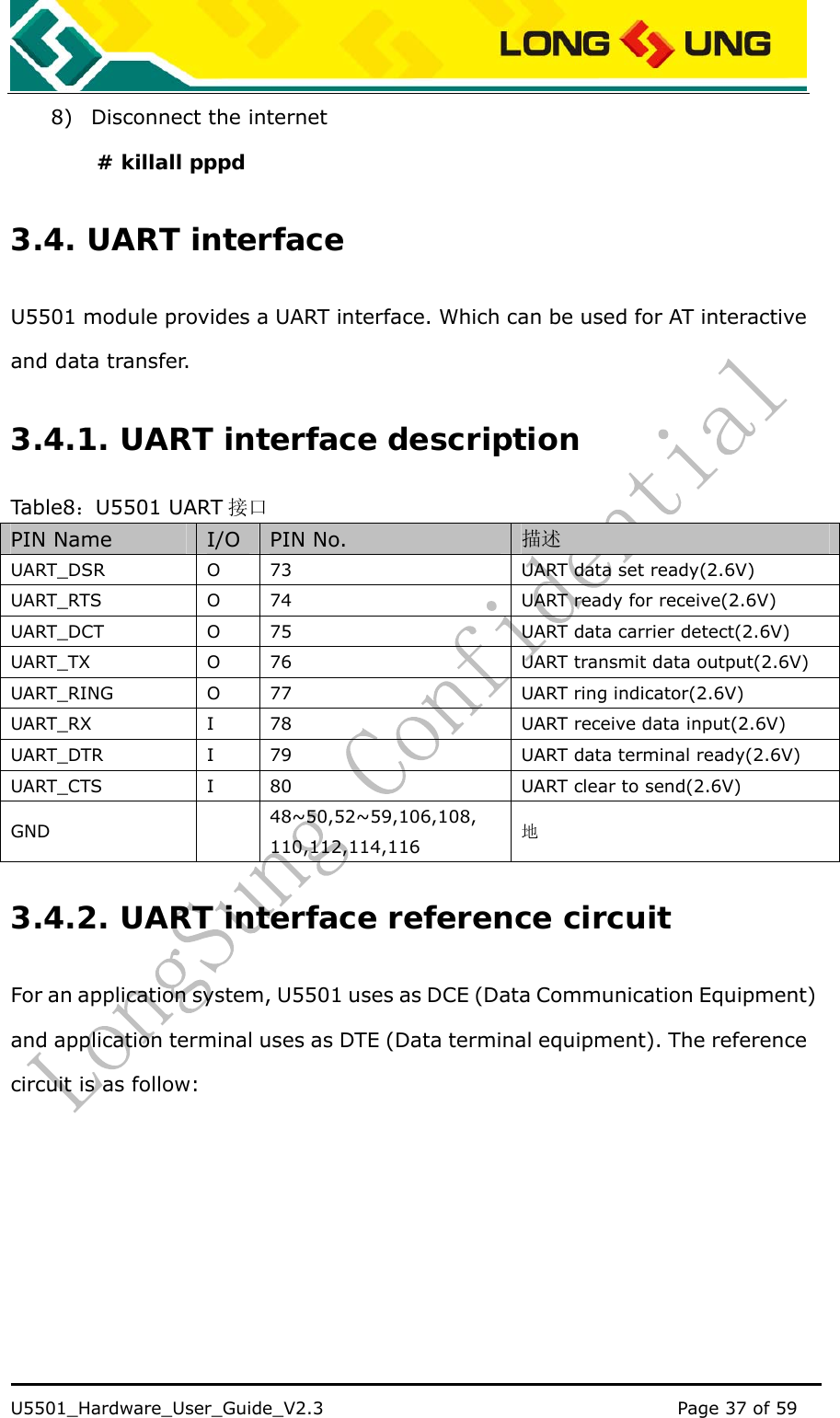    U5501_Hardware_User_Guide_V2.3                                         Page 37 of 59                                   8) Disconnect the internet # killall pppd 3.4. UART interface U5501 module provides a UART interface. Which can be used for AT interactive and data transfer. 3.4.1. UART interface description Table8：U5501 UART 接口 PIN Name  I/O  PIN No.  描述 UART_DSR  O  73  UART data set ready(2.6V) UART_RTS  O  74  UART ready for receive(2.6V) UART_DCT  O  75  UART data carrier detect(2.6V) UART_TX  O  76  UART transmit data output(2.6V) UART_RING O 77  UART ring indicator(2.6V) UART_RX  I  78  UART receive data input(2.6V) UART_DTR  I  79  UART data terminal ready(2.6V) UART_CTS  I  80  UART clear to send(2.6V) GND   48~50,52~59,106,108, 110,112,114,116 地 3.4.2. UART interface reference circuit For an application system, U5501 uses as DCE (Data Communication Equipment) and application terminal uses as DTE (Data terminal equipment). The reference circuit is as follow: 