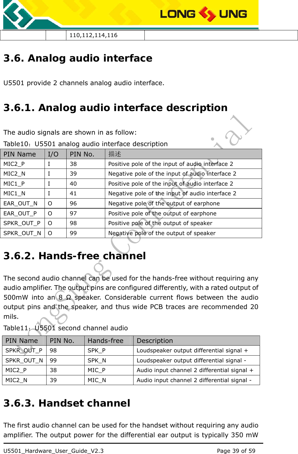    U5501_Hardware_User_Guide_V2.3                                         Page 39 of 59                                   110,112,114,116 3.6. Analog audio interface U5501 provide 2 channels analog audio interface. 3.6.1. Analog audio interface description The audio signals are shown in as follow: Table10 ：U5501 analog audio interface description PIN Name  I/O  PIN No.  描述 MIC2_P  I  38  Positive pole of the input of audio interface 2 MIC2_N  I  39  Negative pole of the input of audio interface 2 MIC1_P  I  40  Positive pole of the input of audio interface 2 MIC1_N  I  41  Negative pole of the input of audio interface 2 EAR_OUT_N  O  96  Negative pole of the output of earphone EAR_OUT_P  O  97  Positive pole of the output of earphone SPKR_OUT_P  O  98  Positive pole of the output of speaker SPKR_OUT_N  O  99  Negative pole of the output of speaker 3.6.2. Hands-free channel The second audio channel can be used for the hands-free without requiring any audio amplifier. The output pins are configured differently, with a rated output of 500mW into an 8 Ω speaker. Considerable current flows between the audio output pins and the speaker, and thus wide PCB traces are recommended 20 mils. Table11 ：U5501 second channel audio PIN Name  PIN No.  Hands-free  Description SPKR_OUT_P  98  SPK_P  Loudspeaker output differential signal + SPKR_OUT_N  99  SPK_N  Loudspeaker output differential signal - MIC2_P  38  MIC_P  Audio input channel 2 differential signal + MIC2_N  39  MIC_N  Audio input channel 2 differential signal - 3.6.3. Handset channel The first audio channel can be used for the handset without requiring any audio amplifier. The output power for the differential ear output is typically 350 mW 