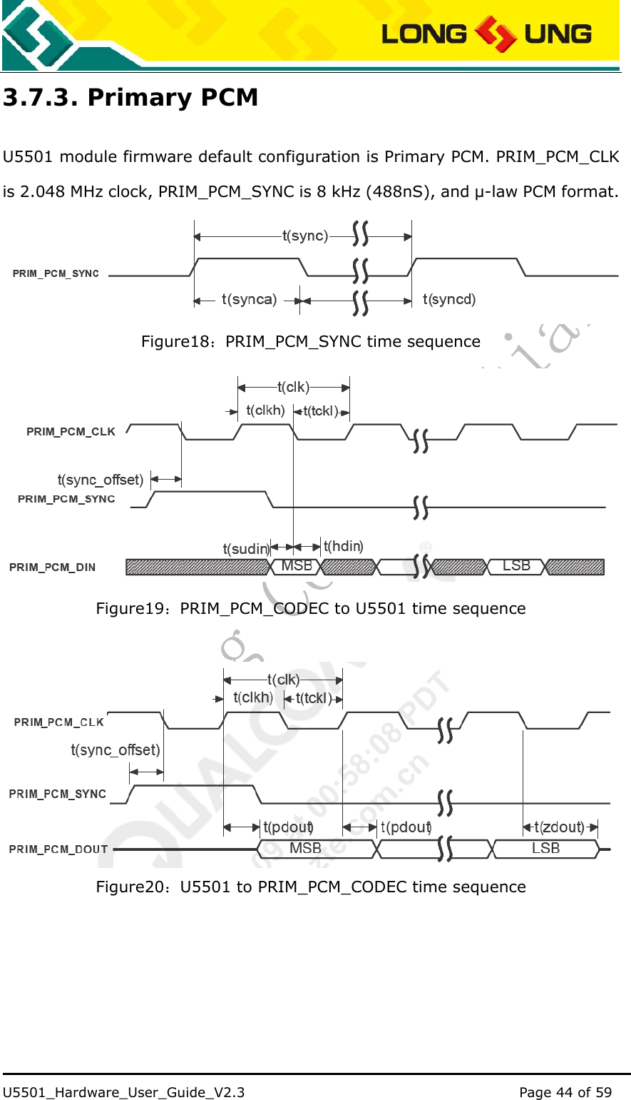    U5501_Hardware_User_Guide_V2.3                                         Page 44 of 59                                   3.7.3. Primary PCM  U5501 module firmware default configuration is Primary PCM. PRIM_PCM_CLK is 2.048 MHz clock, PRIM_PCM_SYNC is 8 kHz (488nS), and μ-law PCM format.  Figure18：PRIM_PCM_SYNC time sequence  Figure19：PRIM_PCM_CODEC to U5501 time sequence   Figure20：U5501 to PRIM_PCM_CODEC time sequence 