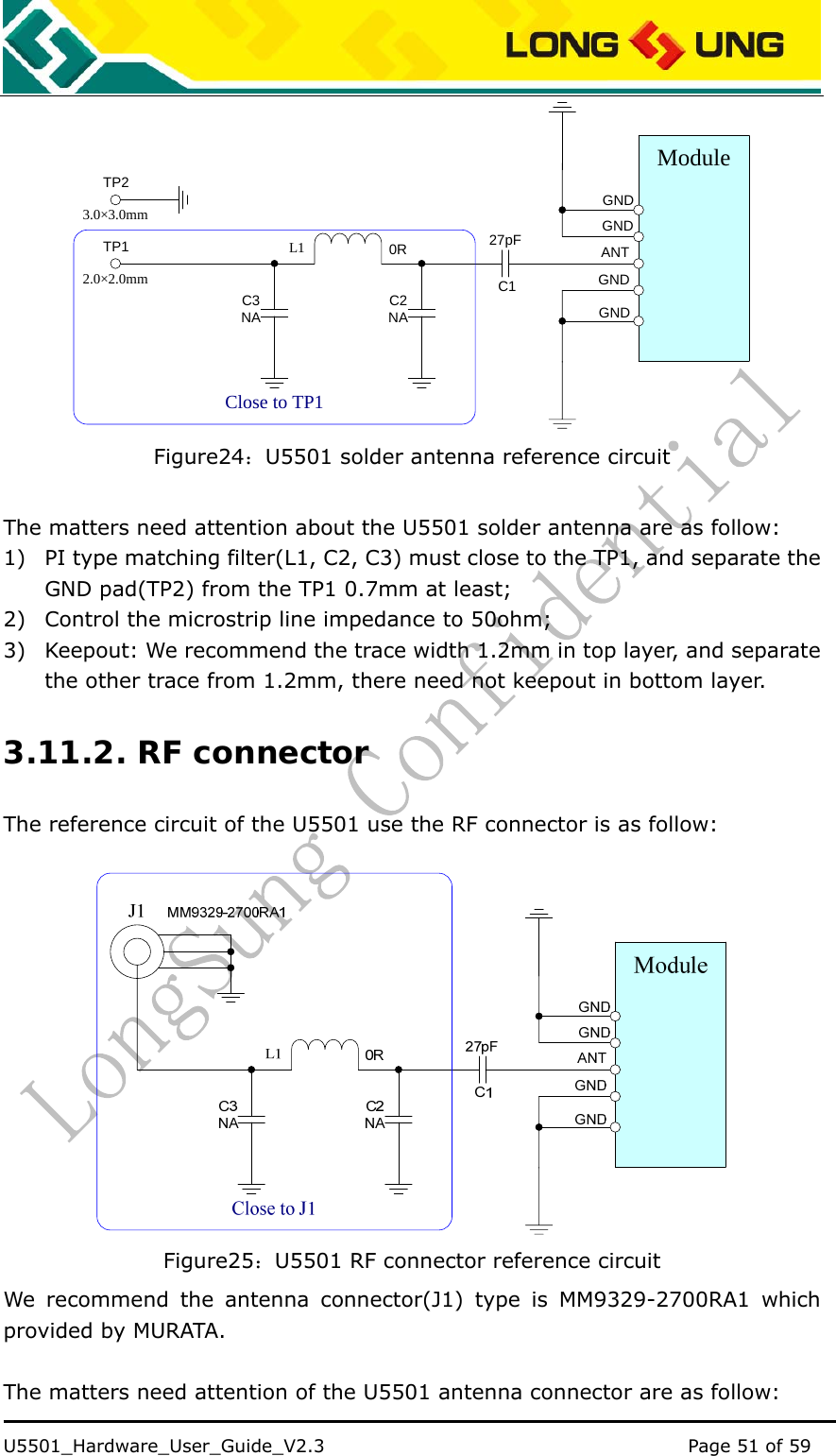    U5501_Hardware_User_Guide_V2.3                                         Page 51 of 59                                   ModuleGNDGNDANTGND27pFGNDL1C2NAC10RC3NA2.0×2.0mm3.0×3.0mmTP1TP2Close to TP1 Figure24：U5501 solder antenna reference circuit  The matters need attention about the U5501 solder antenna are as follow: 1) PI type matching filter(L1, C2, C3) must close to the TP1, and separate the GND pad(TP2) from the TP1 0.7mm at least; 2) Control the microstrip line impedance to 50ohm; 3) Keepout: We recommend the trace width 1.2mm in top layer, and separate   the other trace from 1.2mm, there need not keepout in bottom layer. 3.11.2. RF connector The reference circuit of the U5501 use the RF connector is as follow:   Figure25：U5501 RF connector reference circuit We recommend the antenna connector(J1) type is MM9329-2700RA1 which provided by MURATA.  The matters need attention of the U5501 antenna connector are as follow: 