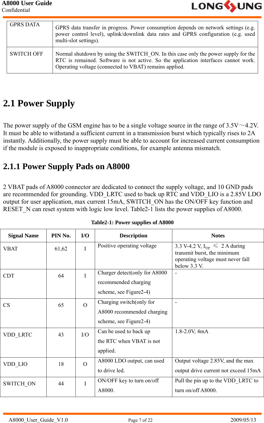 A8000 User Guide Confidential   A8000_User_Guide_V1.0                      Page 7 of 22                            2009/05/13 GPRS DATA  GPRS data transfer in progress. Power consumption depends on network settings (e.g. power control level), uplink/downlink data rates and GPRS configuration (e.g. used multi-slot settings). SWITCH OFF  Normal shutdown by using the SWITCH_ON. In this case only the power supply for the RTC is remained. Software is not active. So the application interfaces cannot work. Operating voltage (connected to VBAT) remains applied.  2.1 Power Supply The power supply of the GSM engine has to be a single voltage source in the range of 3.5V～4.2V. It must be able to withstand a sufficient current in a transmission burst which typically rises to 2A instantly. Additionally, the power supply must be able to account for increased current consumption if the module is exposed to inappropriate conditions, for example antenna mismatch. 2.1.1 Power Supply Pads on A8000 2 VBAT pads of A8000 connector are dedicated to connect the supply voltage, and 10 GND pads are recommended for grounding. VDD_LRTC used to back up RTC and VDD_LIO is a 2.85V LDO output for user application, max current 15mA, SWITCH_ON has the ON/OFF key function and RESET_N can reset system with logic low level. Table2-1 lists the power supplies of A8000. Table2-1: Power supplies of A8000 Signal Name  PIN No. I/O  Description  Notes VBAT 61,62 I Positive operating voltage  3.3 V-4.2 V, Ityp ≤ 2 A during transmit burst, the minimum operating voltage must never fall below 3.3 V. CDT 64 I Charger detect(only for A8000 recommended charging scheme, see Figure2-4) - CS 65 O Charging switch(only for A8000 recommended charging scheme, see Figure2-4) - VDD_LRTC 43 I/O Can be used to back up the RTC when VBAT is not applied. 1.8-2.0V, 4mA VDD_LIO 18 O A8000 LDO output, can used to drive led. Output voltage 2.85V, and the max output drive current not exceed 15mASWITCH_ON 44 I ON/OFF key to turn on/off A8000. Pull the pin up to the VDD_LRTC to turn on/off A8000. 