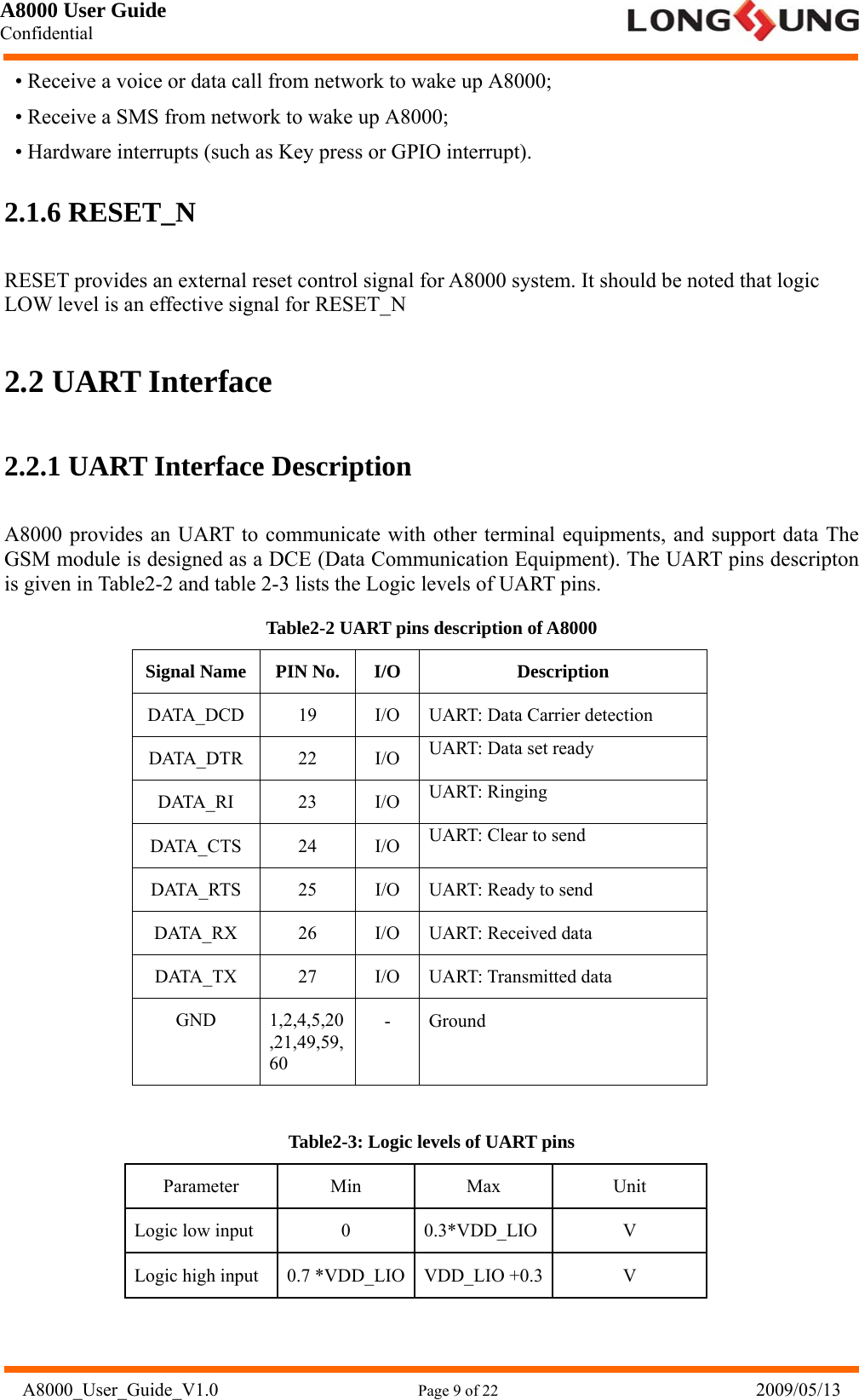 A8000 User Guide Confidential   A8000_User_Guide_V1.0                      Page 9 of 22                            2009/05/13 • Receive a voice or data call from network to wake up A8000;   • Receive a SMS from network to wake up A8000;   • Hardware interrupts (such as Key press or GPIO interrupt). 2.1.6 RESET_N RESET provides an external reset control signal for A8000 system. It should be noted that logic LOW level is an effective signal for RESET_N 2.2 UART Interface 2.2.1 UART Interface Description A8000 provides an UART to communicate with other terminal equipments, and support data The GSM module is designed as a DCE (Data Communication Equipment). The UART pins descripton is given in Table2-2 and table 2-3 lists the Logic levels of UART pins. Table2-2 UART pins description of A8000 Signal Name  PIN No.  I/O  Description DATA_DCD  19  I/O  UART: Data Carrier detection DATA_DTR 22  I/O UART: Data set ready DATA_RI 23 I/O UART: Ringing DATA_CTS 24 I/O UART: Clear to send DATA_RTS  25  I/O  UART: Ready to send DATA_RX  26  I/O  UART: Received data DATA_TX 27 I/O UART: Transmitted data GND 1,2,4,5,20,21,49,59,60 - Ground  Table2-3: Logic levels of UART pins Parameter Min  Max  Unit Logic low input  0  0.3*VDD_LIO V Logic high input  0.7 *VDD_LIO VDD_LIO +0.3  V 