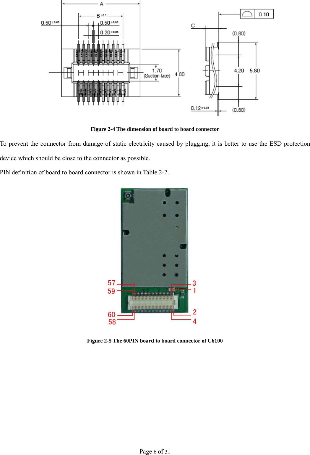 Page 6 of 31  Figure 2-4 The dimension of board to board connector To prevent the connector from damage of static electricity caused by plugging, it is better to use the ESD protection device which should be close to the connector as possible.   PIN definition of board to board connector is shown in Table 2-2.  Figure 2-5 The 60PIN board to board connector of U6100       