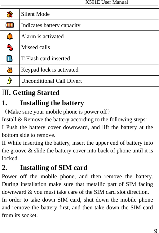                     X591E User Manual  9 Silent Mode  Indicates battery capacity  Alarm is activated  Missed calls  T-Flash card inserted  Keypad lock is activated  Unconditional Call Divert Ⅲ. Getting Started 1. Installing the battery （Make sure your mobile phone is power off） Install &amp; Remove the battery according to the following steps: I Push the battery cover downward, and lift the battery at the bottom side to remove. II While inserting the battery, insert the upper end of battery into the groove &amp; slide the battery cover into back of phone until it is locked. 2. Installing of SIM card Power off the mobile phone, and then remove the battery. During installation make sure that metallic part of SIM facing downward &amp; you must take care of the SIM card slot direction. In order to take down SIM card, shut down the mobile phone and remove the battery first, and then take down the SIM card from its socket. 